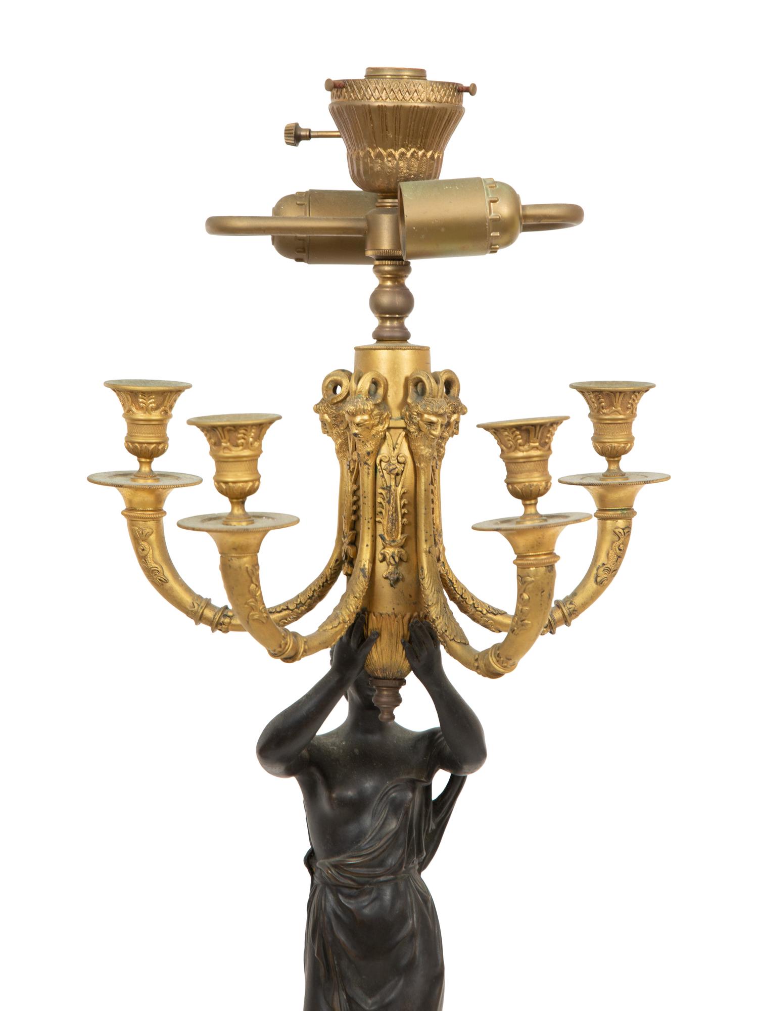 A Pair of Gilt and Patinated Bronze Figural Lamps