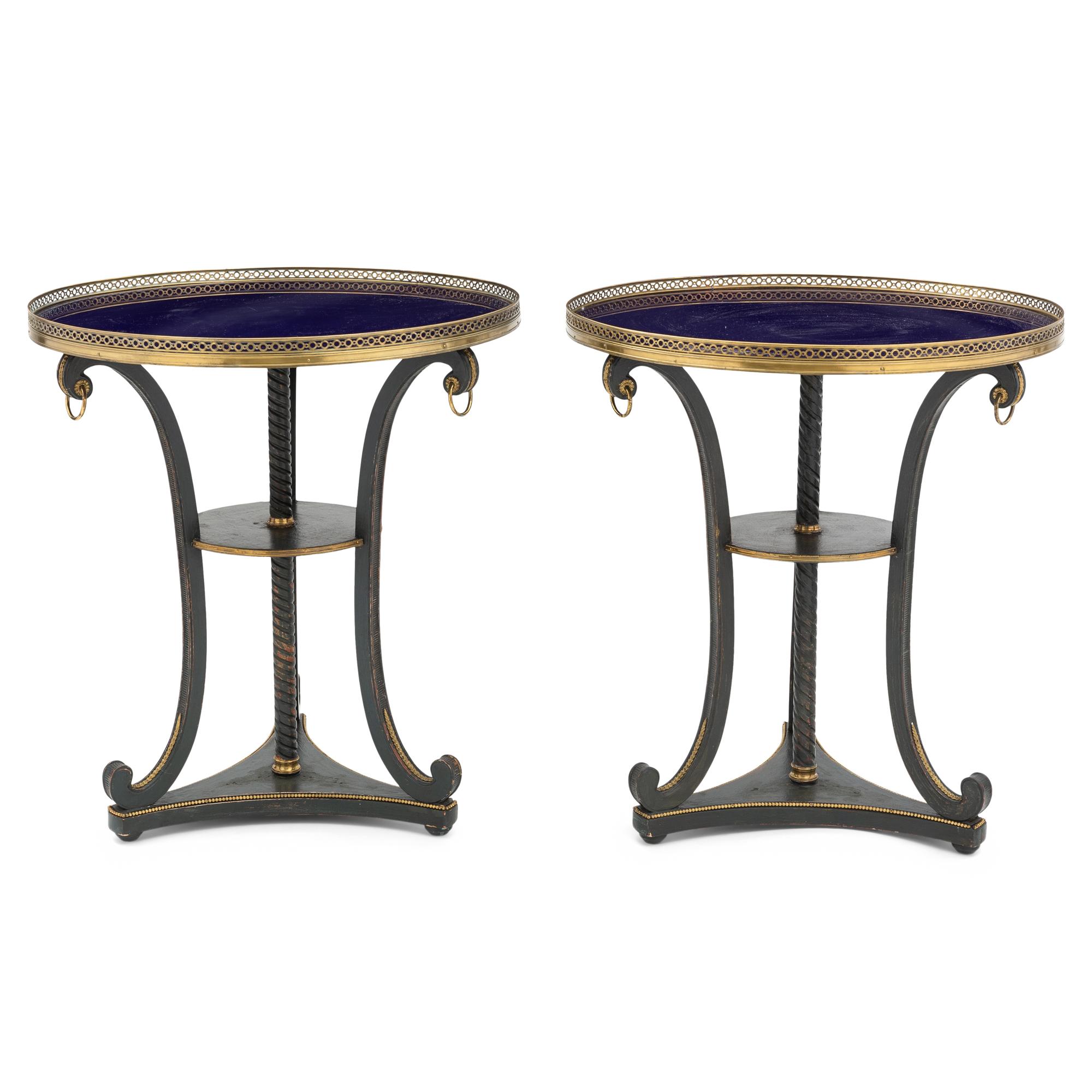 A Pair of Regency Style Brass Mounted and Black-Painted Side Tables