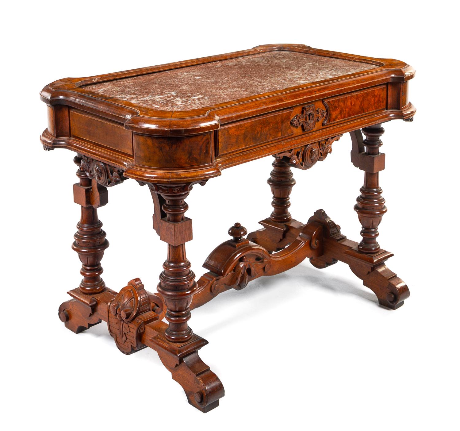 A Victorian Burlwood Side Table Height 28 1/2 x width 29 x depth 24 inches. — LATE 19TH CENTURY
