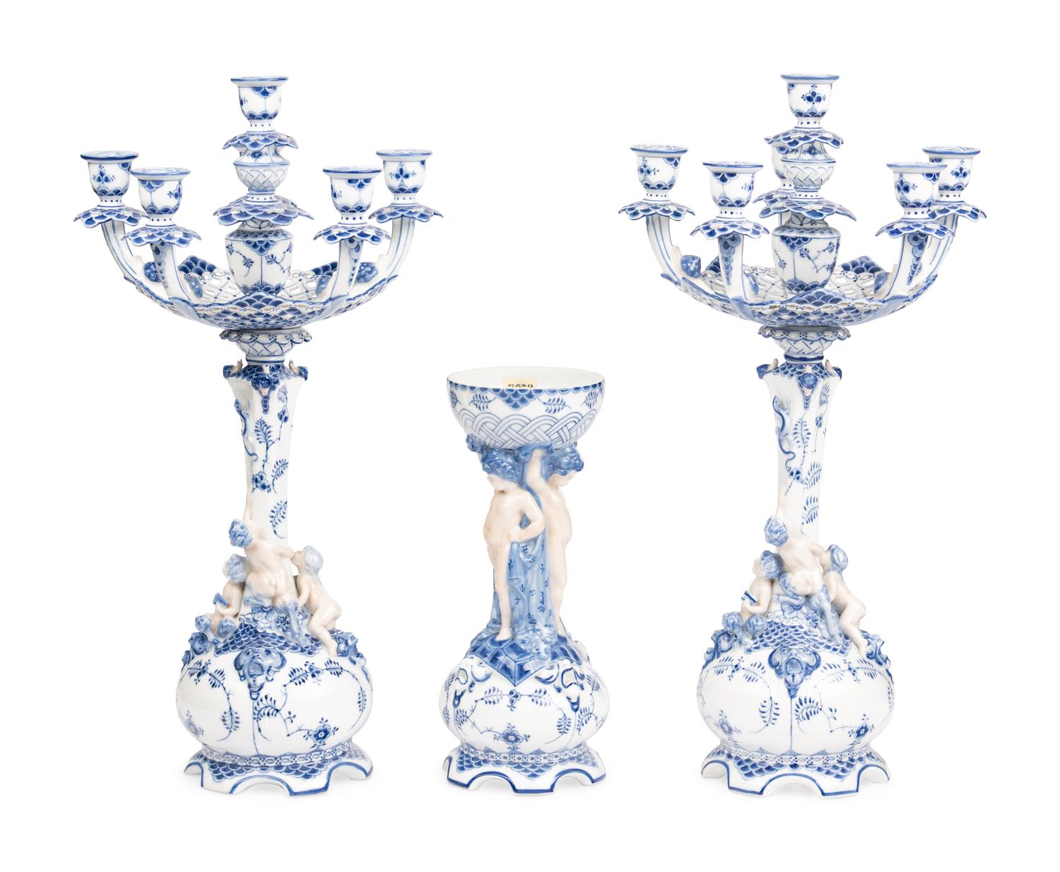 An Assembled Royal Copenhagen Blue Fluted Full Lace Porcelain Table Garniture