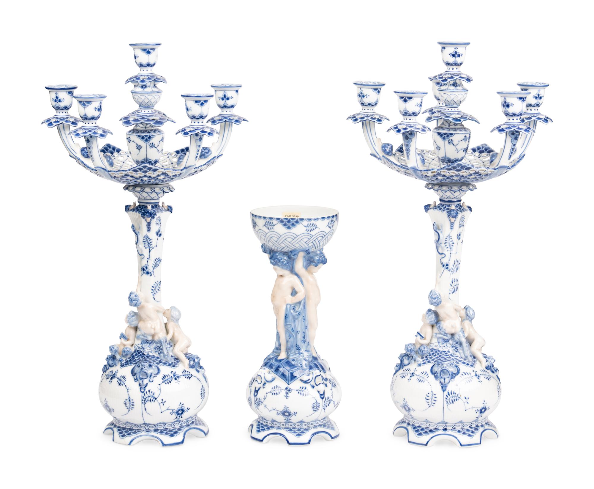 An Assembled Royal Copenhagen Blue Fluted Full Lace Porcelain Table Garniture