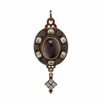 VICTORIAN, HOLBEINESQUE, GARNET, CHRYSOBERYL, ENAMEL, AND YELLOW GOLD PENDANT
