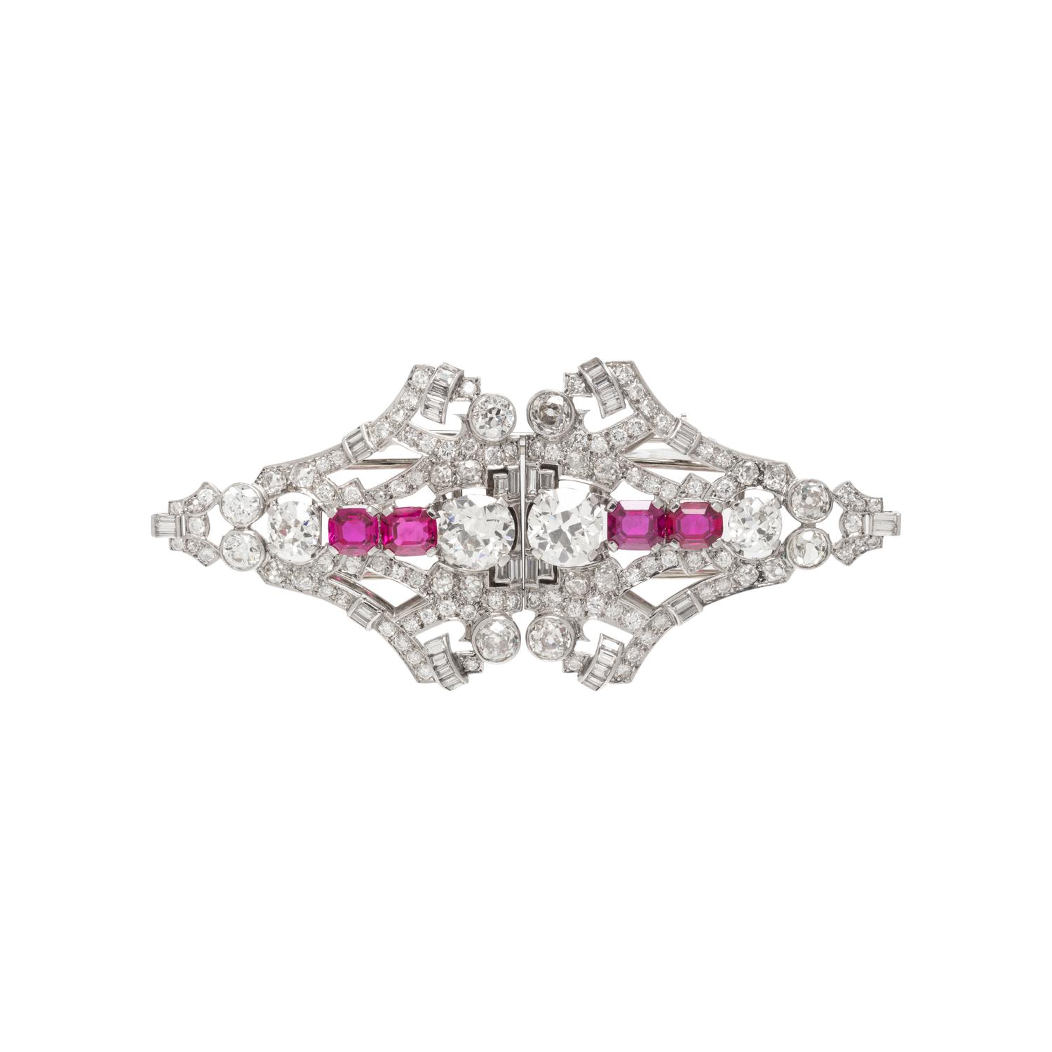 ART DECO, DIAMOND AND RUBY CONVERTIBLE DRESS CLIPS