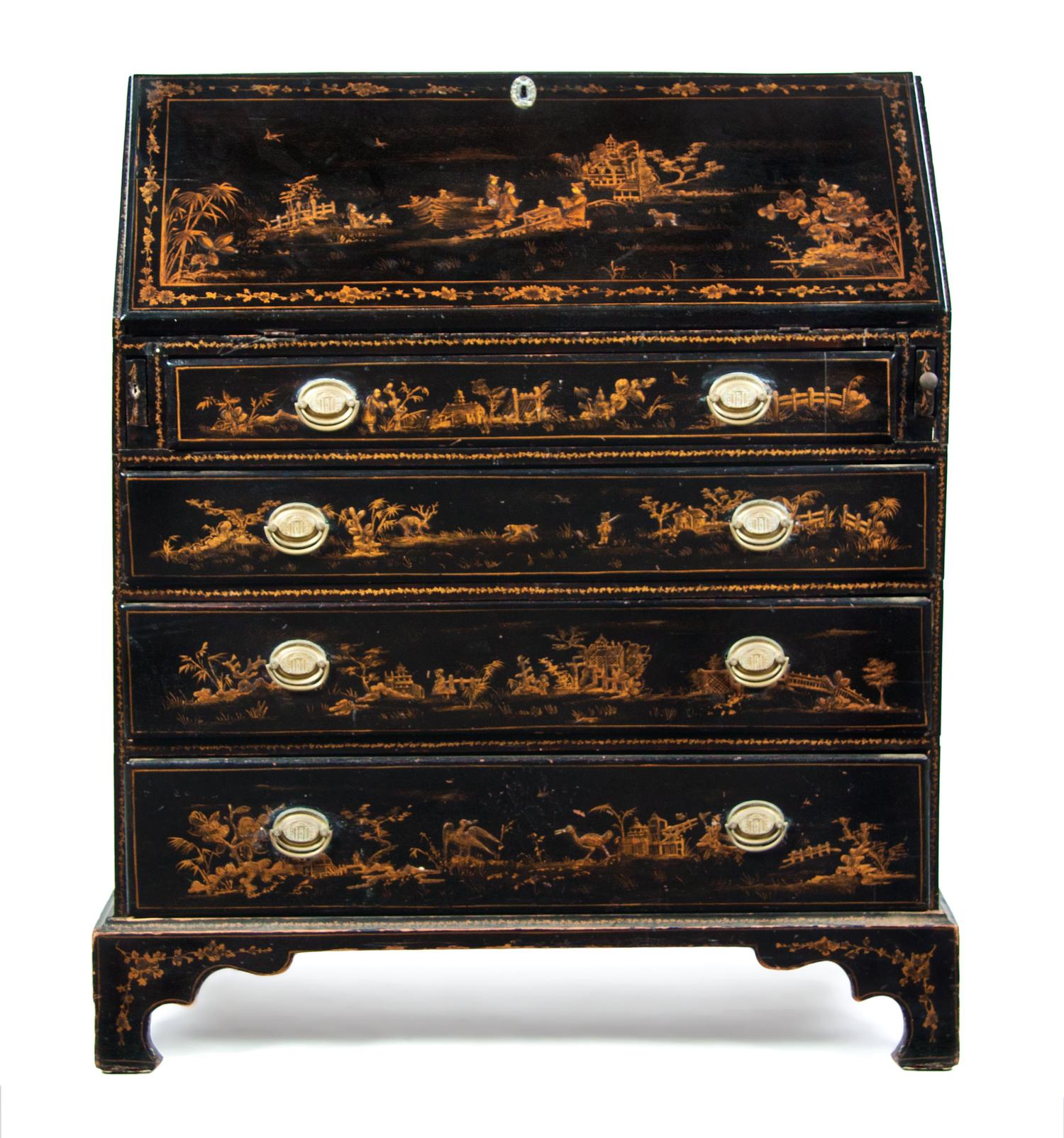 A George II Lacquered and Japanned Slant Front Bureau, Height 43 x width 37 1/2 x depth 19 inches.