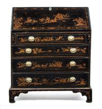 A George II Lacquered and Japanned Slant Front Bureau, Height 43 x width 37 1/2 x depth 19 inches.