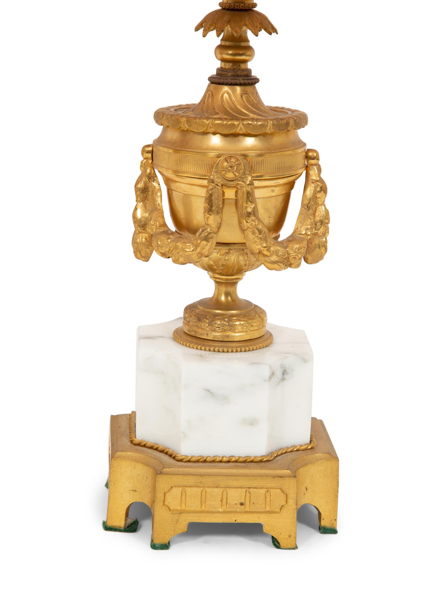 A Pair of Louis XVI Style Gilt Bronze and Marble Urn-Form Table Lamps