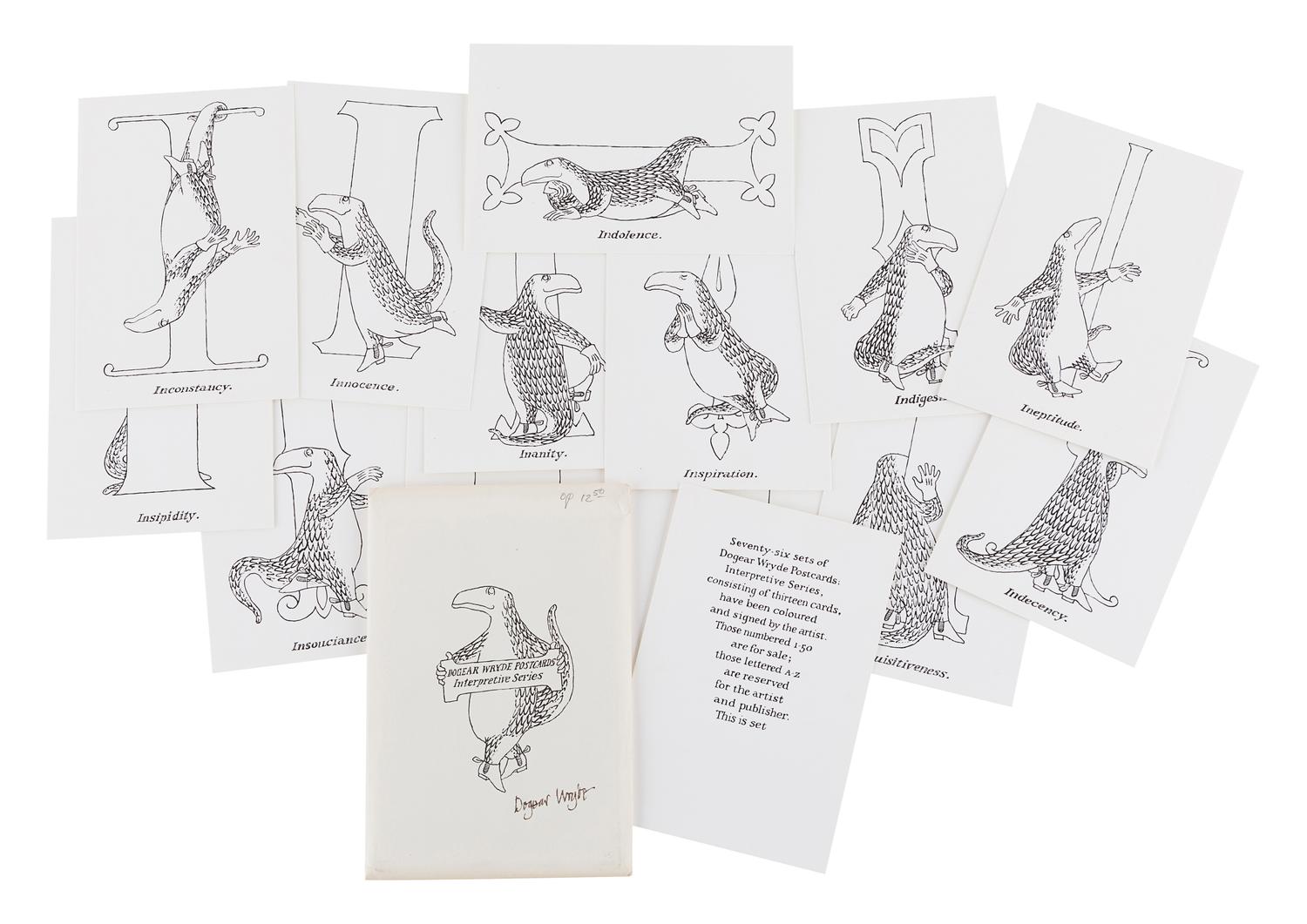 GOREY, Edward (1925-2000). Dogear Wryde Postcards. Alms for Oblivion Series . N.p., 1978. -- Dogear Wryde Postcards. Interpretive Series. N.p., 1979.