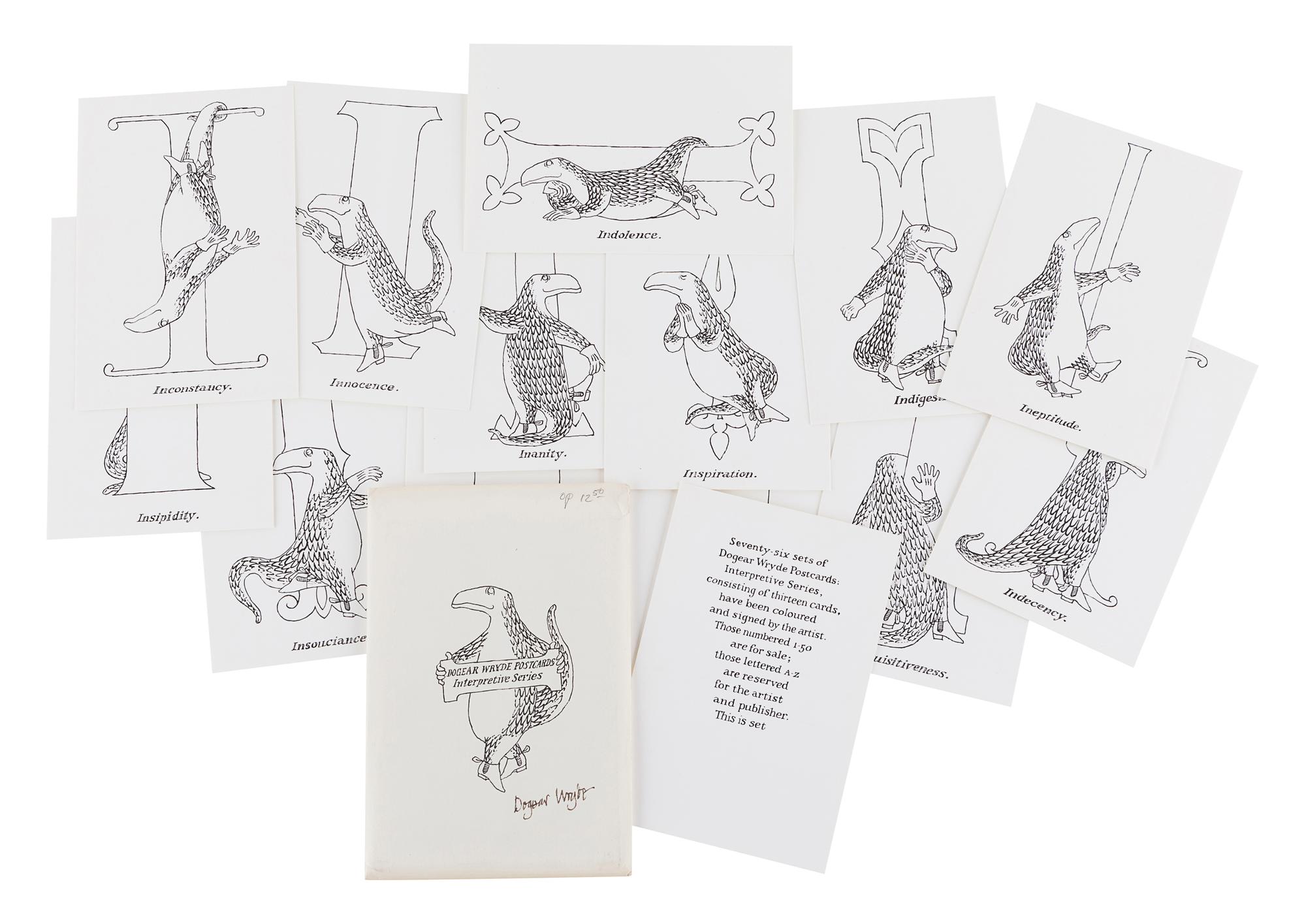 GOREY, Edward (1925-2000). Dogear Wryde Postcards. Alms for Oblivion Series . N.p., 1978. -- Dogear Wryde Postcards. Interpretive Series. N.p., 1979.