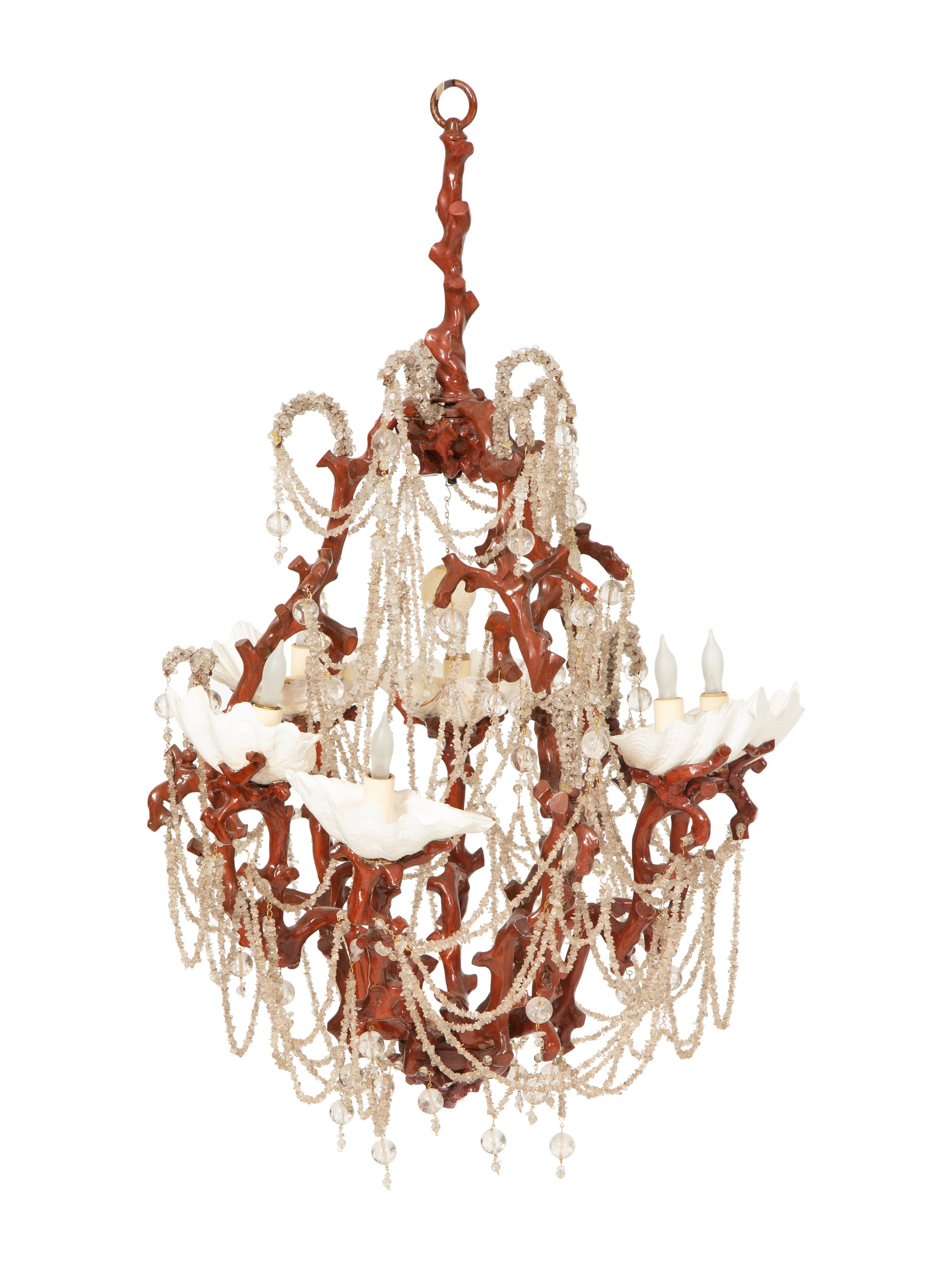A Fisher and Weisman Faux Coral, Rock Crystal Bead and Seashell Chandelier