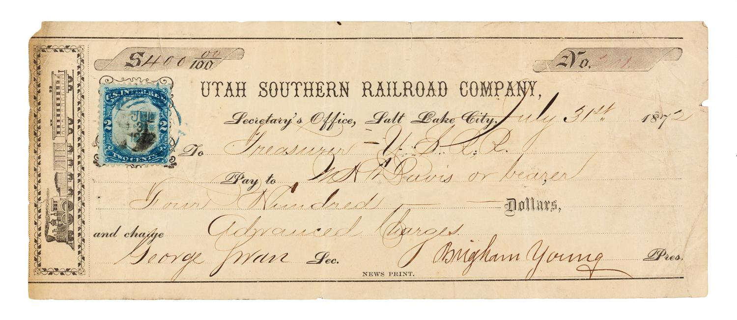 YOUNG, Brigham (1801-1877). Printed check signed ("Brigham Young"), and counter-signed by George Swan, Salt Lake City, Nevada, 31 July