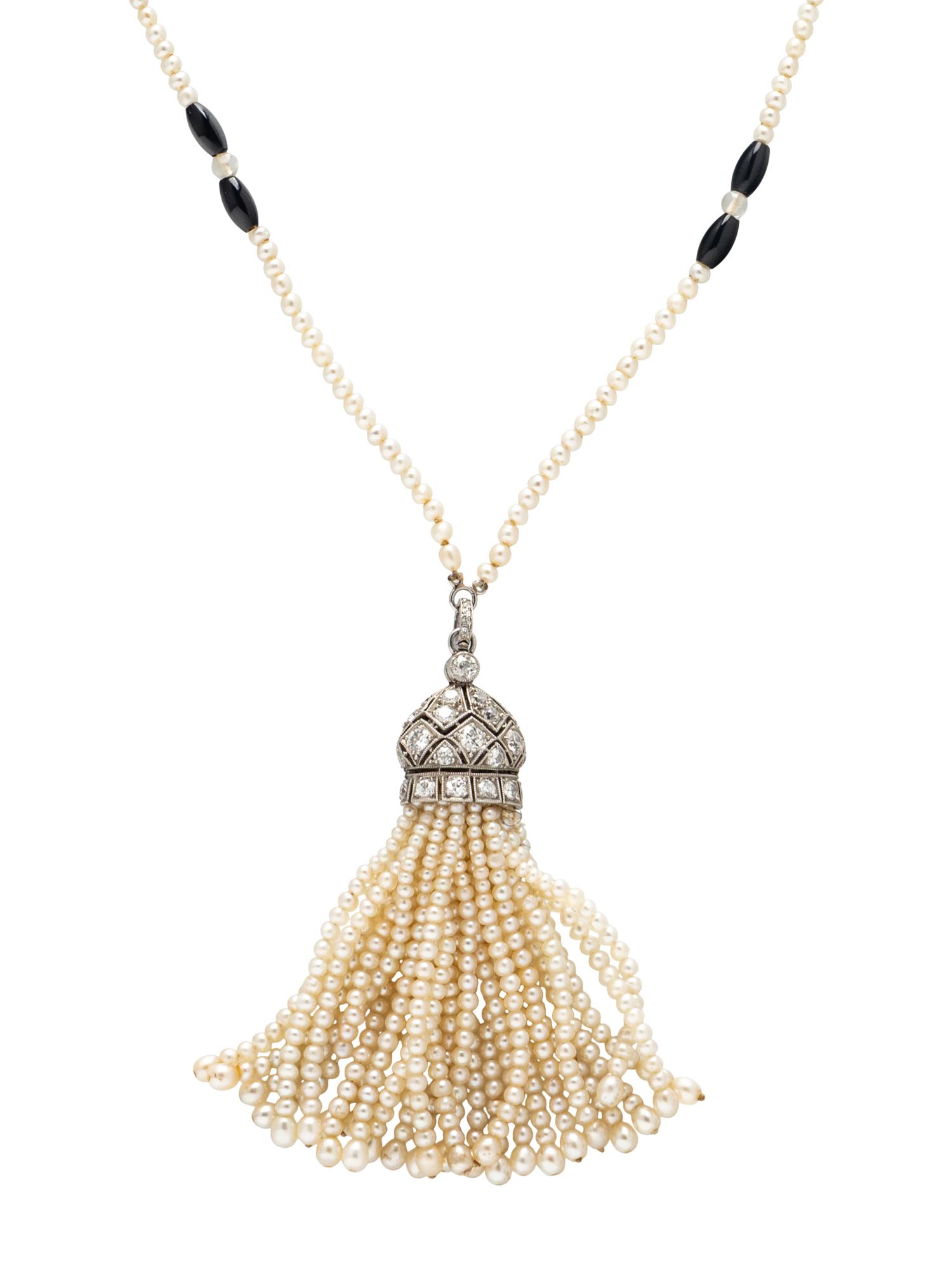 ART DECO, SEED PEARL, DIAMOND, AND ONYX TASSEL NECKLACE