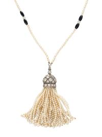 ART DECO, SEED PEARL, DIAMOND, AND ONYX TASSEL NECKLACE