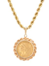 A 14 Karat Yellow Gold and US $2 1/2 1929 Indian Head Coin Pendant, 14.90 dwts.