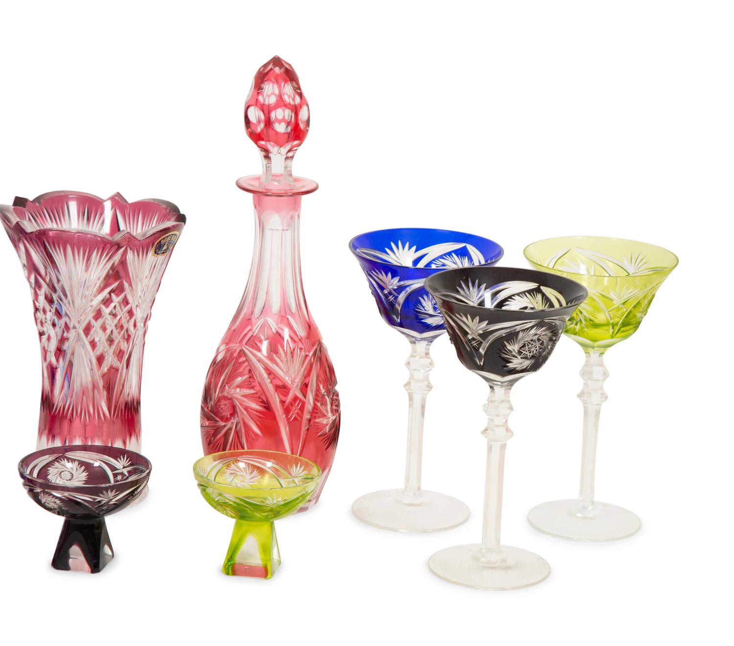 A Collection of Bohemian Colored Cut-to-Clear Glass Articles
