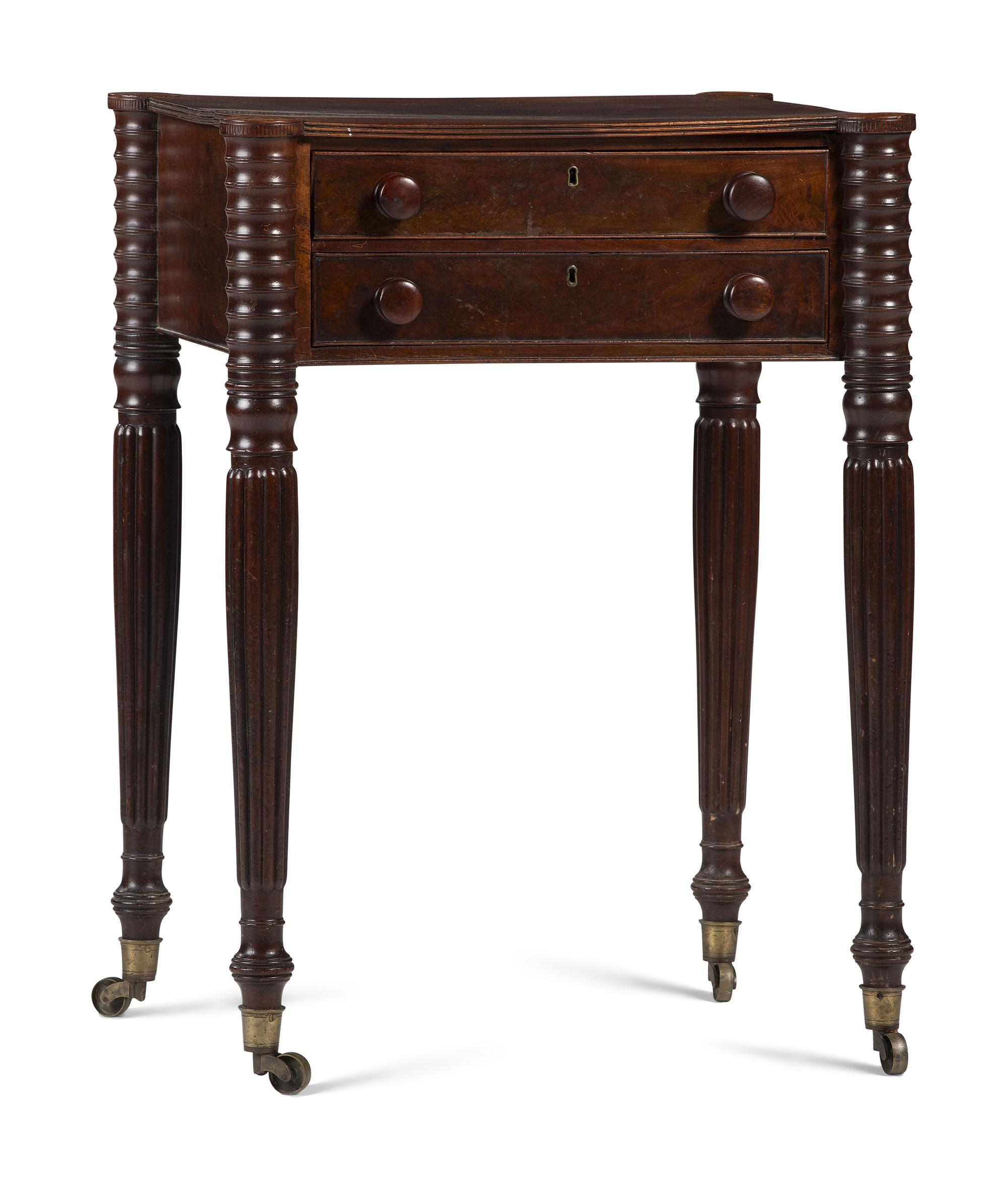 A Classical Carved and Figured Mahogany Two-Drawer Work Stand