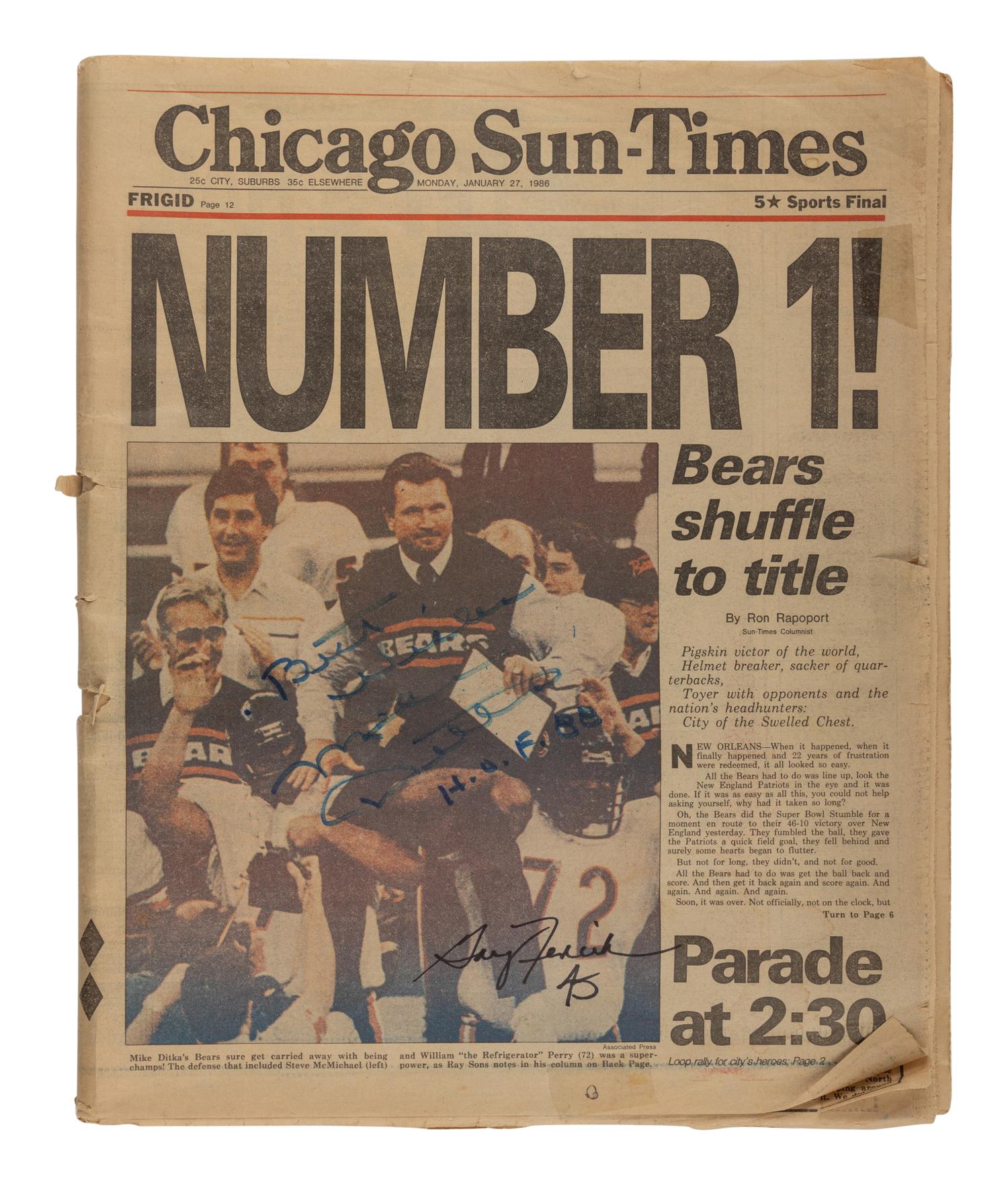 Mike Ditka's Personally Owned January 27, 1986 Chicago Sun-Times Featuring Multiple Autographs from Members of Super Bowl XX Championship Team,