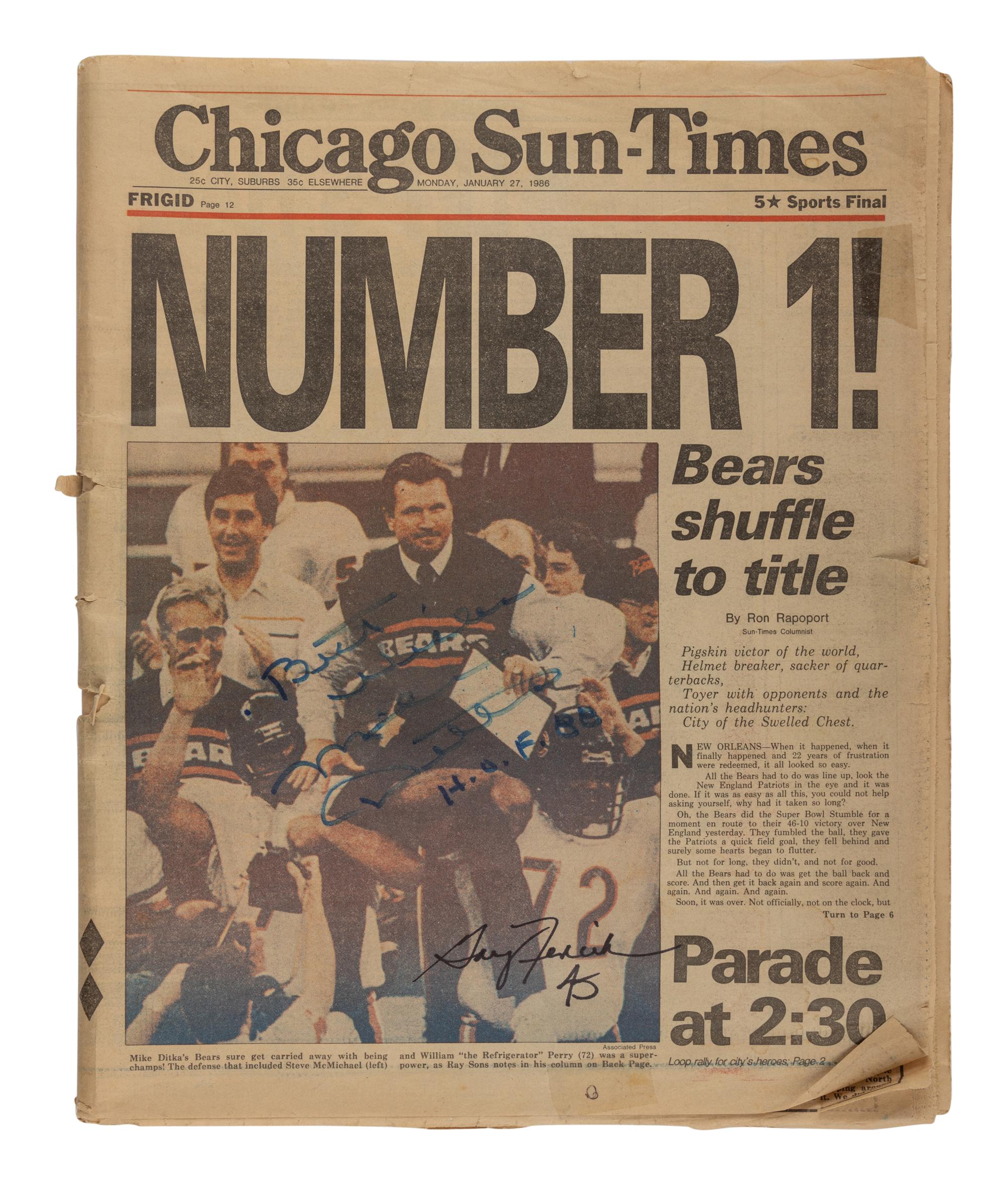 Mike Ditka's Personally Owned January 27, 1986 Chicago Sun-Times Featuring Multiple Autographs from Members of Super Bowl XX Championship Team,