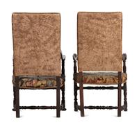 A Matched Pair of French Scroll-Carved and Turned Walnut Tapestry Upholstered Fauteuils