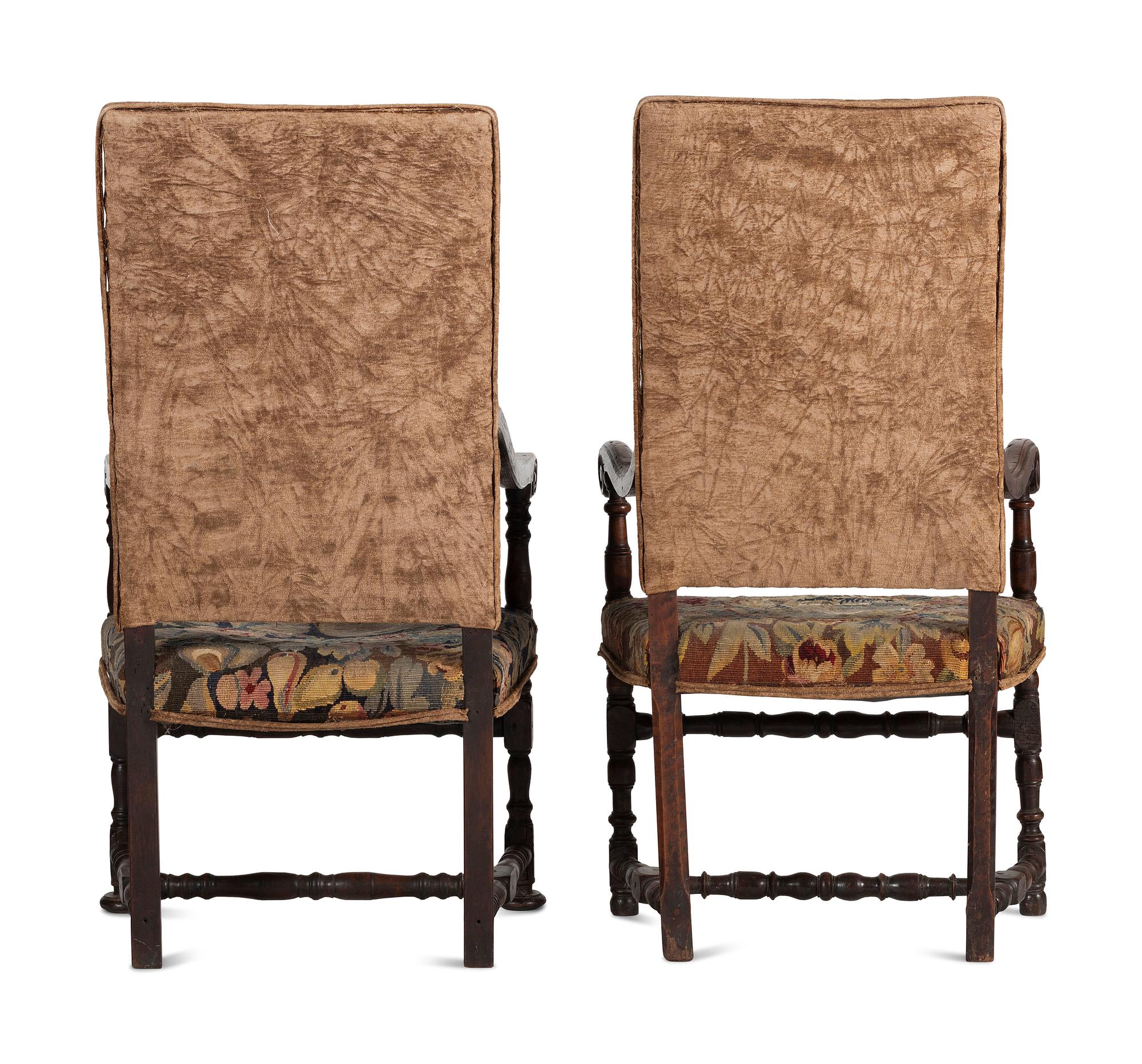 A Matched Pair of French Scroll-Carved and Turned Walnut Tapestry Upholstered Fauteuils