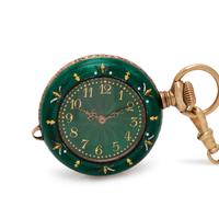 SILVER GILT AND ENAMEL OPEN FACE POCKET WATCH AND YELLOW GOLD SLIDE NECKLACE