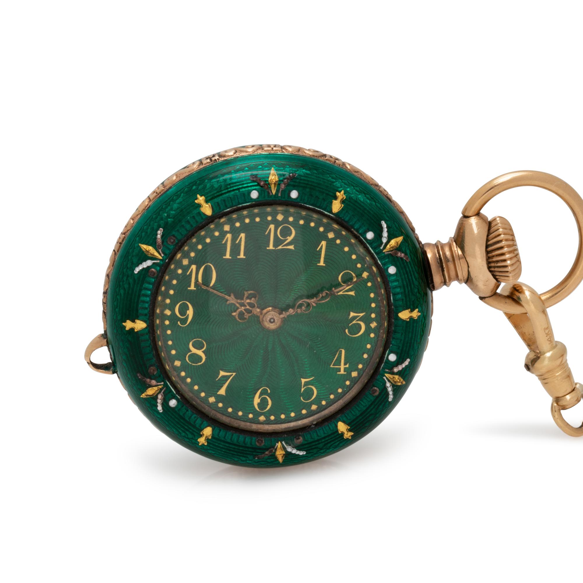 SILVER GILT AND ENAMEL OPEN FACE POCKET WATCH AND YELLOW GOLD SLIDE NECKLACE
