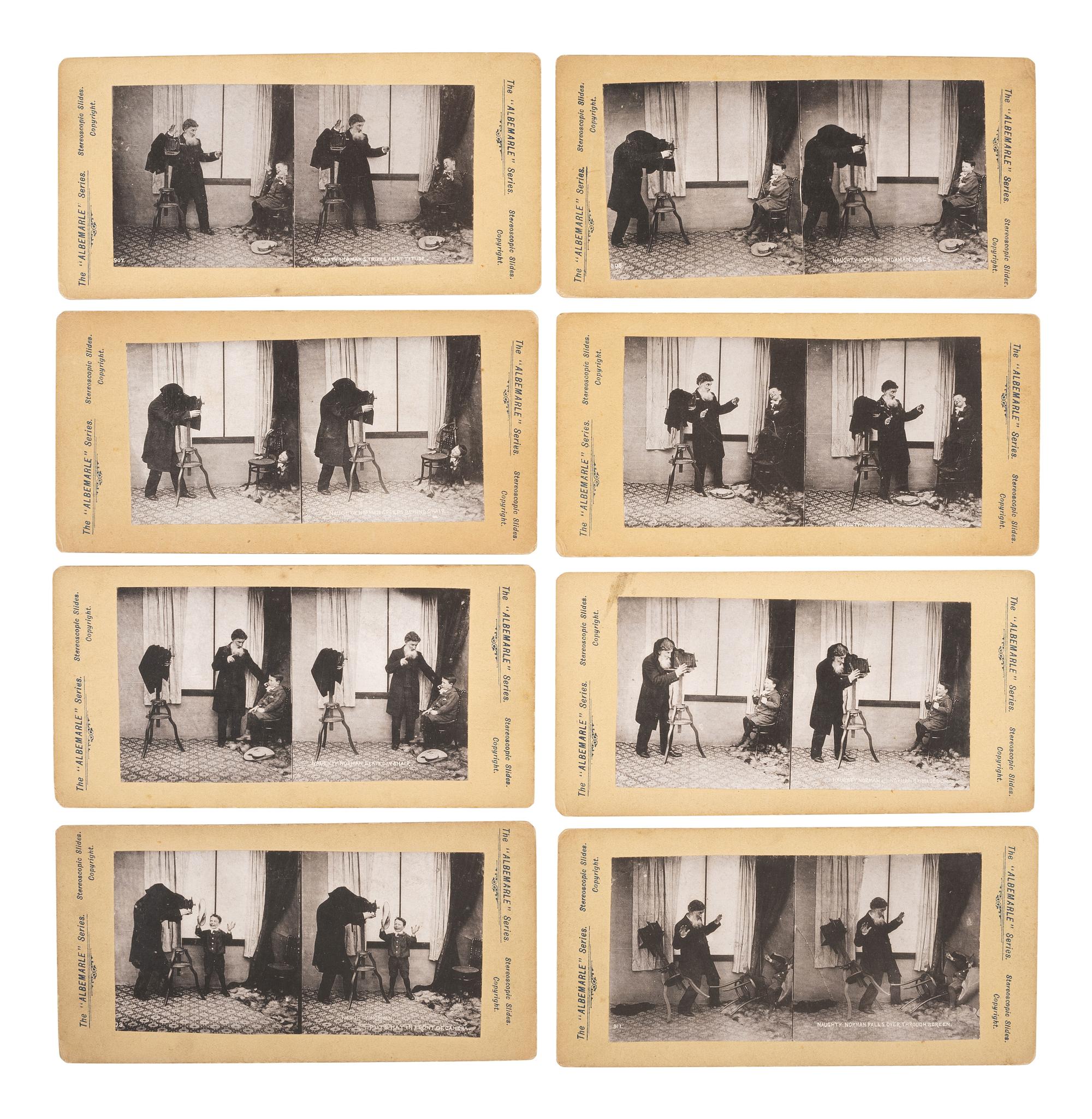 [EARLY PHOTOGRAPHY]. 8 stereoviews of a photographer trying to take a portrait of "Naughty Norman."