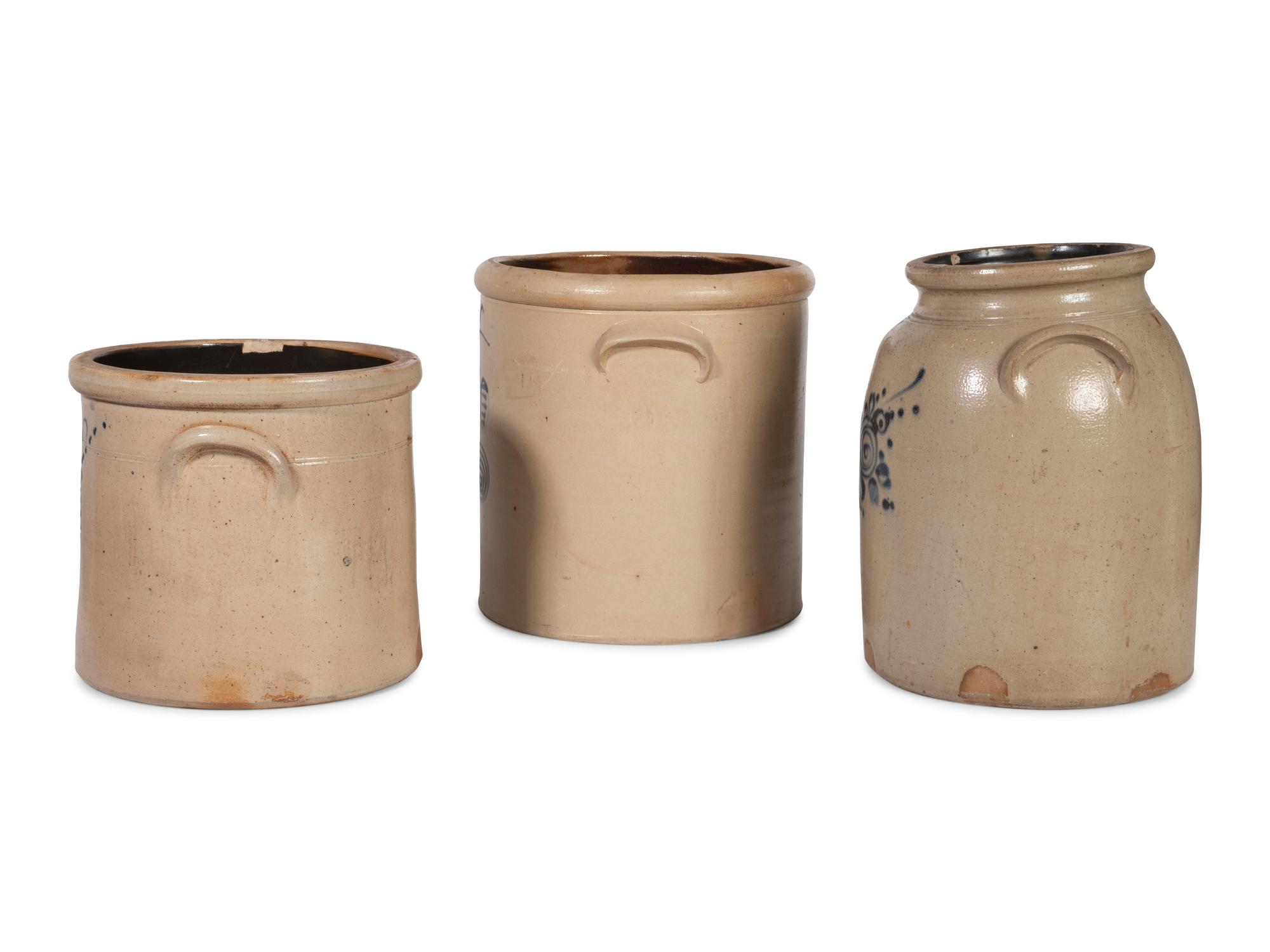 Three Cobalt-Decorated Stoneware Crocks