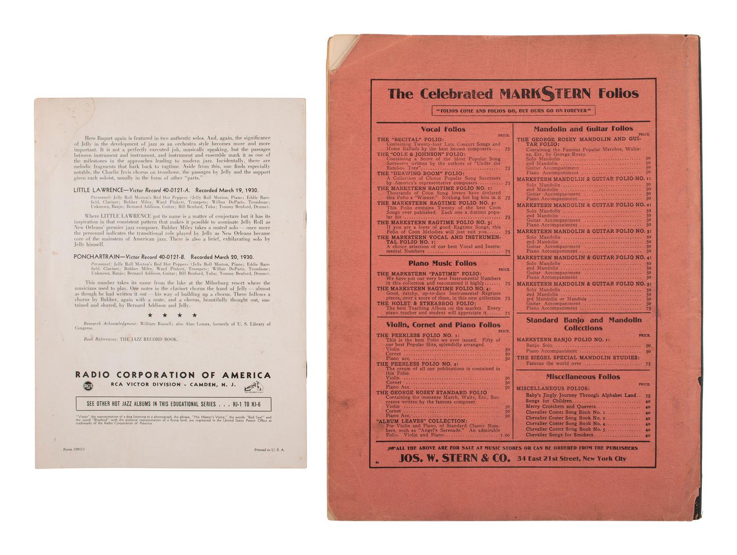 [AFRICAN AMERICANA -- MUSIC]. Cole & Johnson Song Folio containing "Classic Negro Songs." 1904. [WITH:] Additional items.