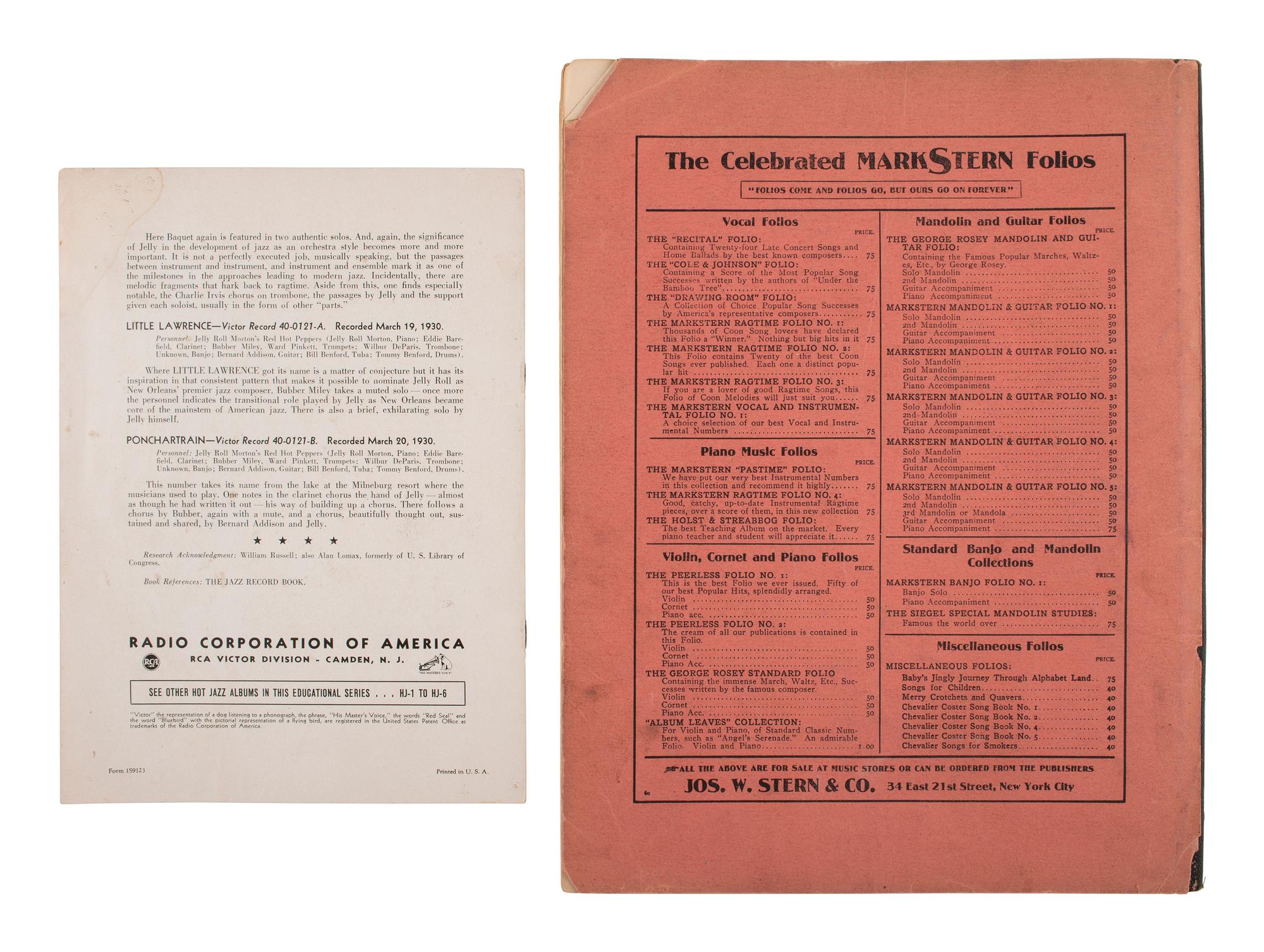 [AFRICAN AMERICANA -- MUSIC]. Cole & Johnson Song Folio containing "Classic Negro Songs." 1904. [WITH:] Additional items.