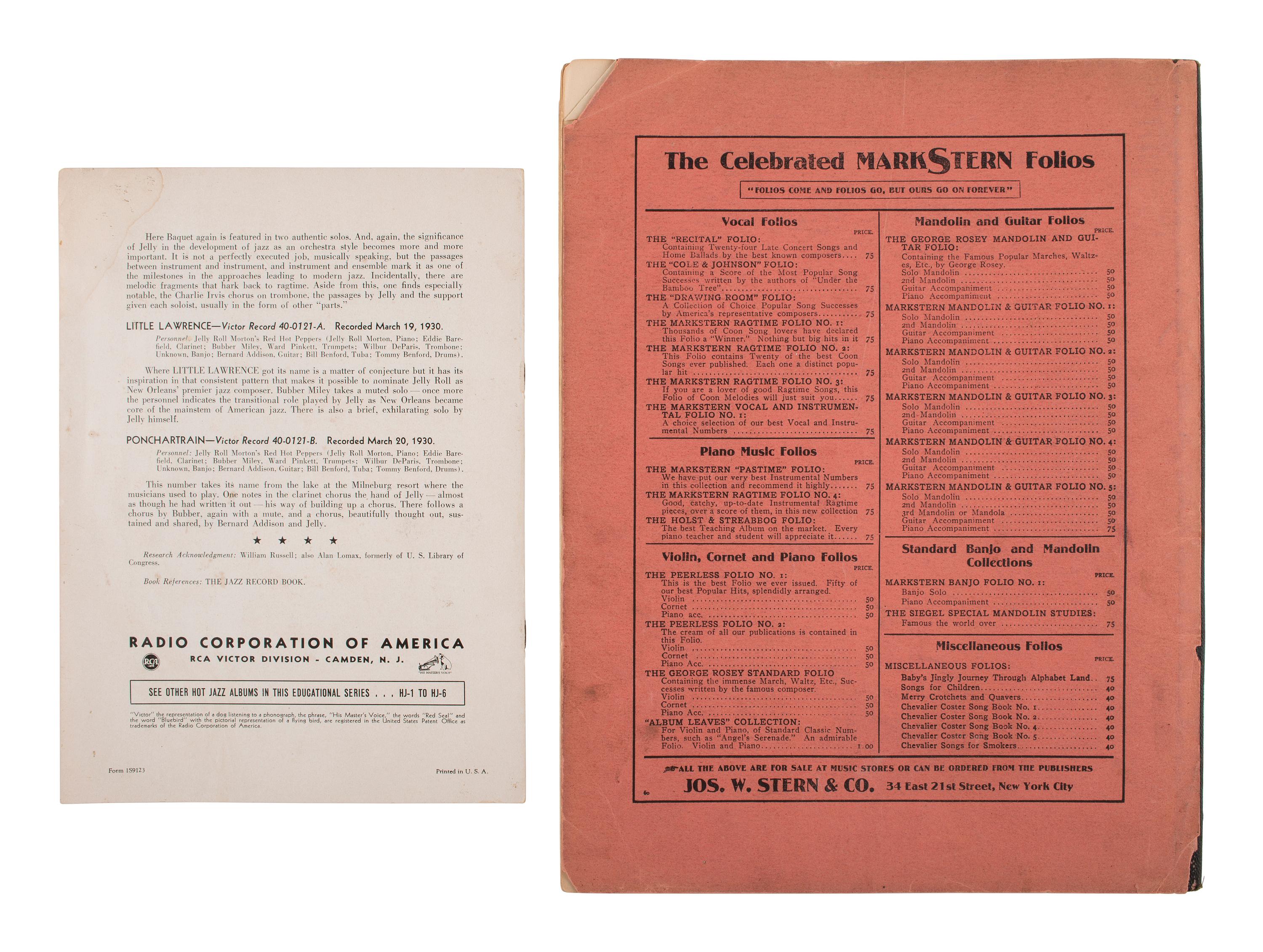 [AFRICAN AMERICANA -- MUSIC]. Cole & Johnson Song Folio containing "Classic Negro Songs." 1904. [WITH:] Additional items.
