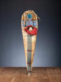 Nez Perce Beaded Hide Pictorial Toy Cradle, with Doll