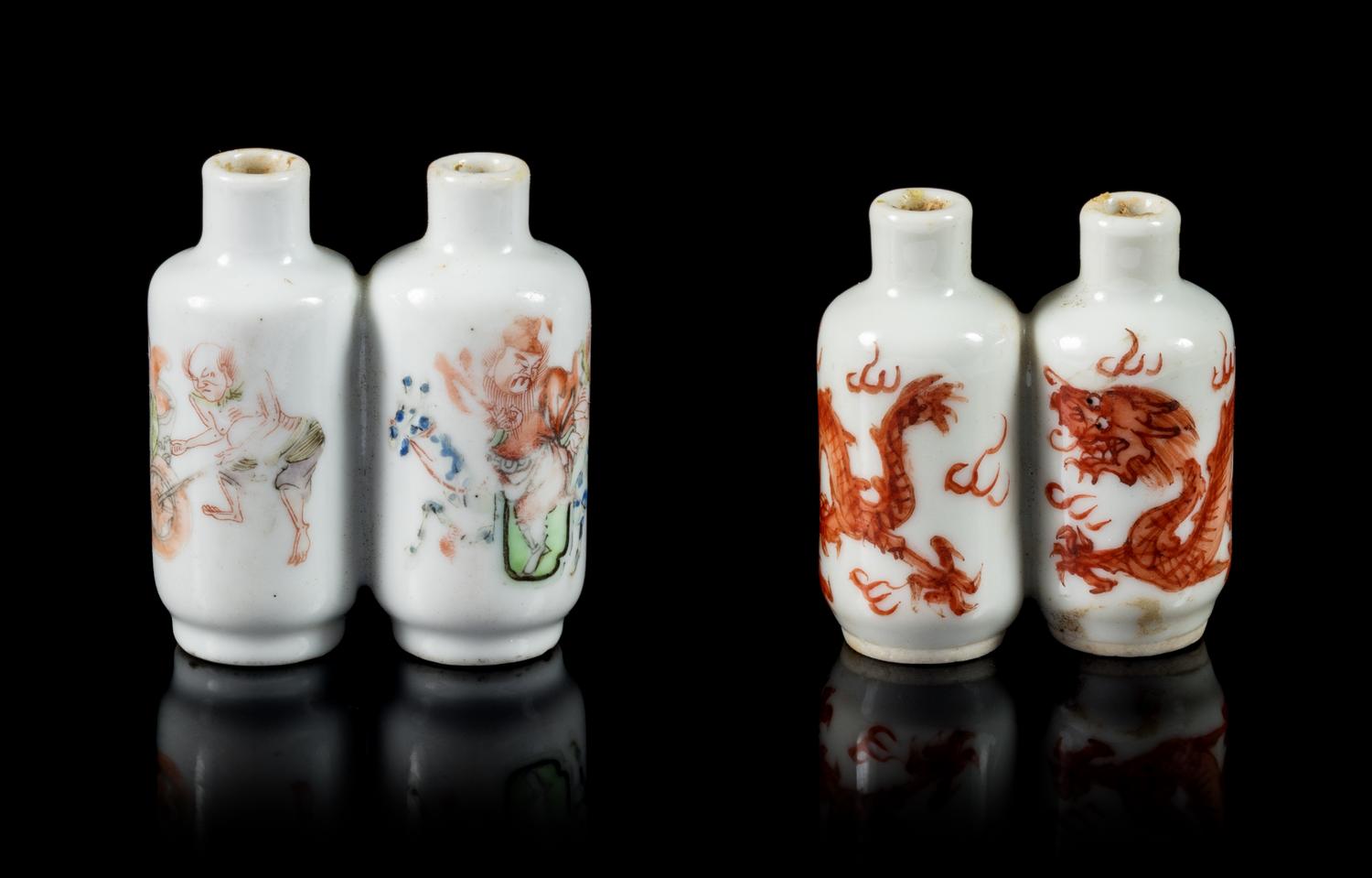 Two Double-Bottle Porcelain Snuff Bottles Height of tallest 2 inches. — LATE 19TH/EARLY 20TH CENTURY