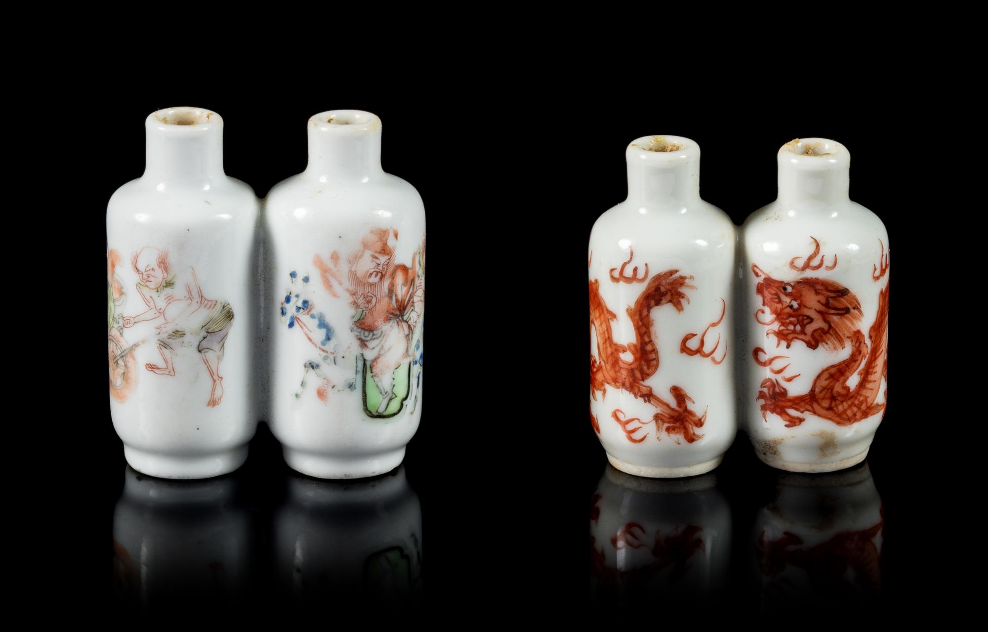 Two Double-Bottle Porcelain Snuff Bottles Height of tallest 2 inches. — LATE 19TH/EARLY 20TH CENTURY