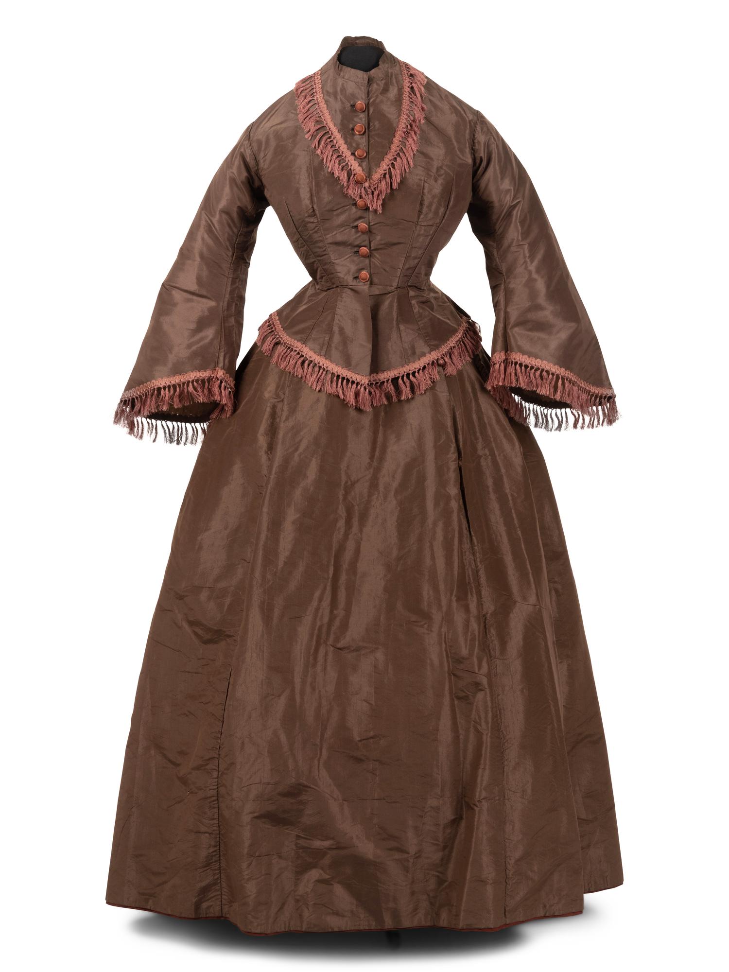 Silk Taffeta Two-Piece Dress Trimmed with Fringe, 1860s