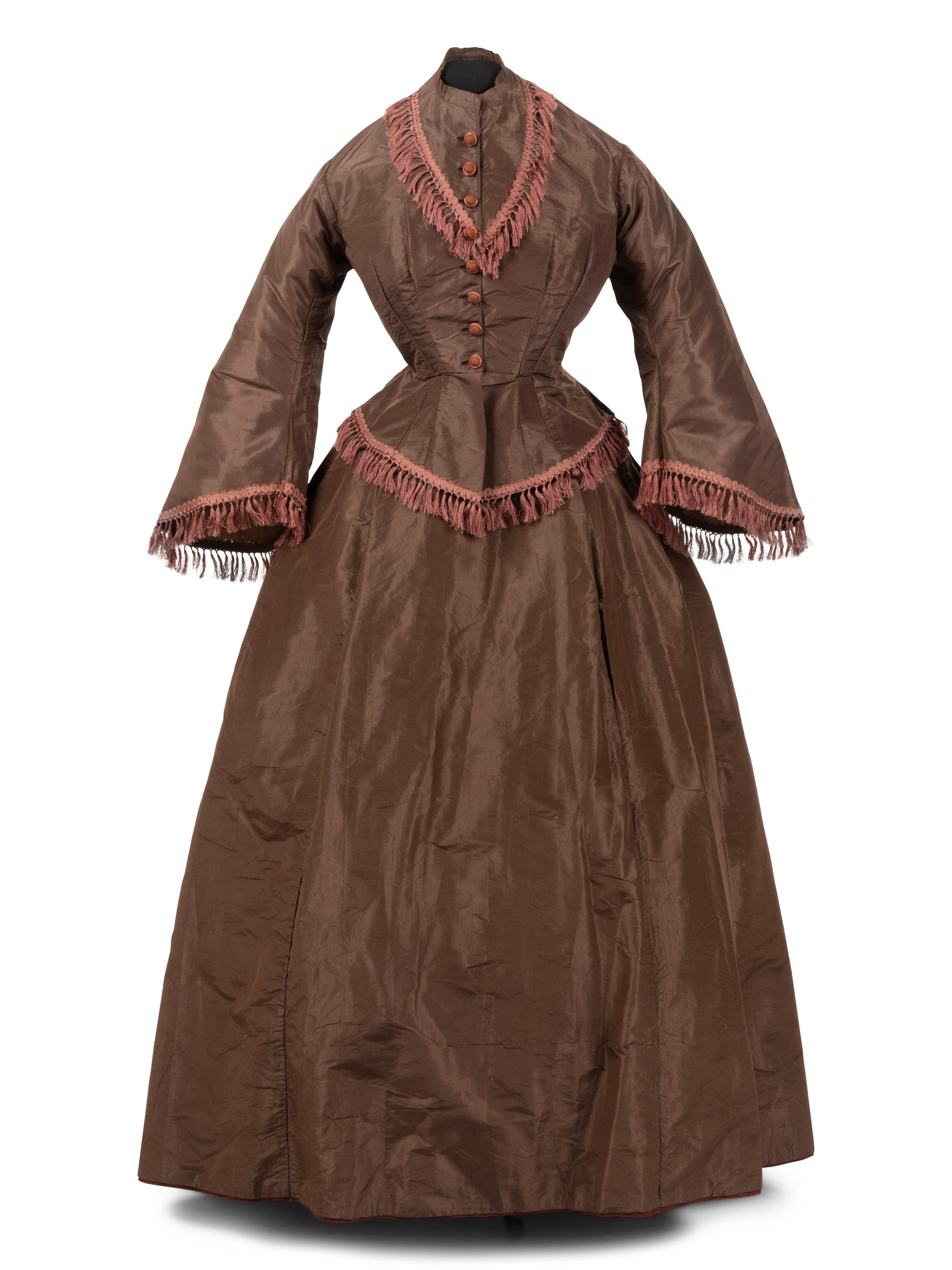 Silk Taffeta Two-Piece Dress Trimmed with Fringe, 1860s