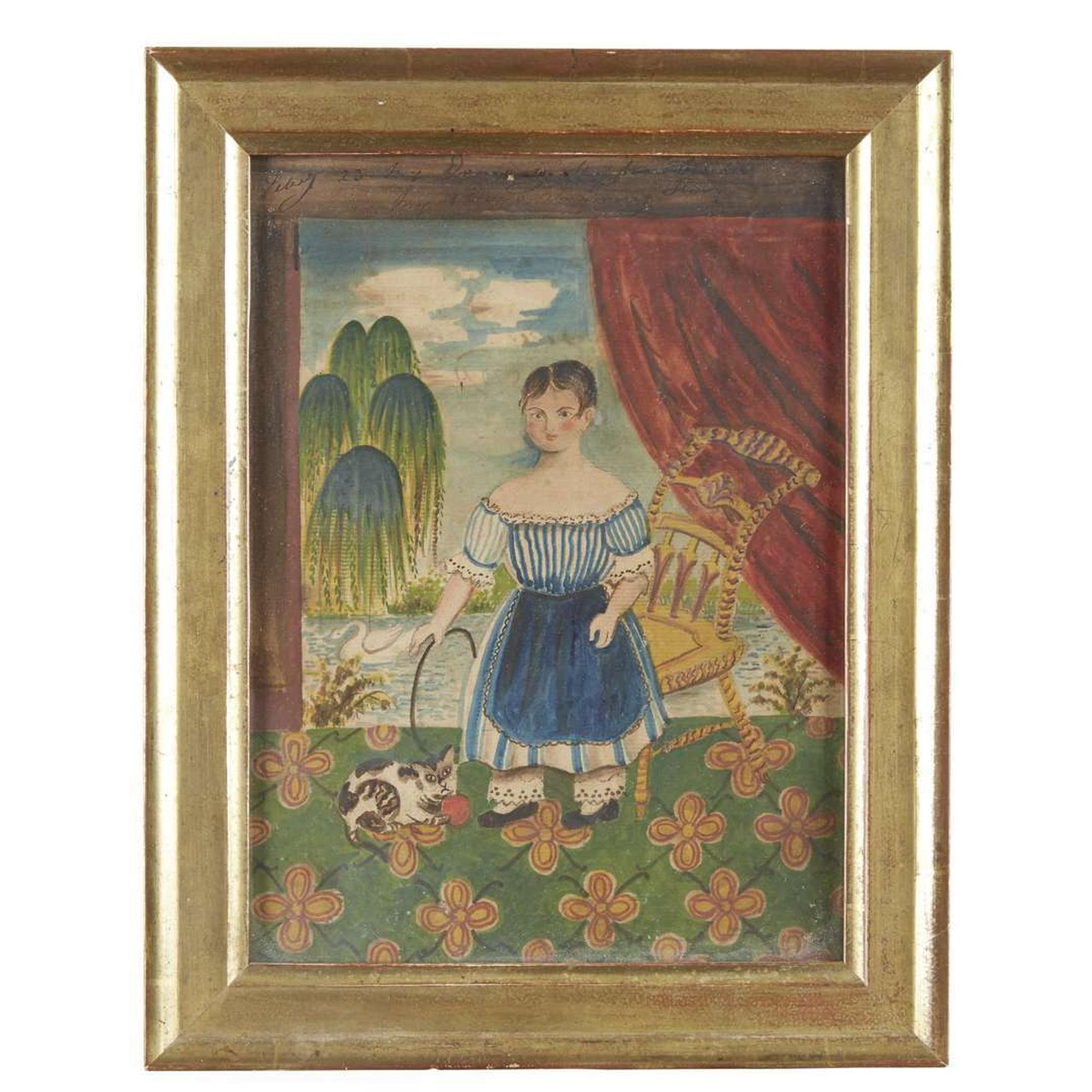 American School 19th century Portrait of a child with hoop, cat and fancy chair