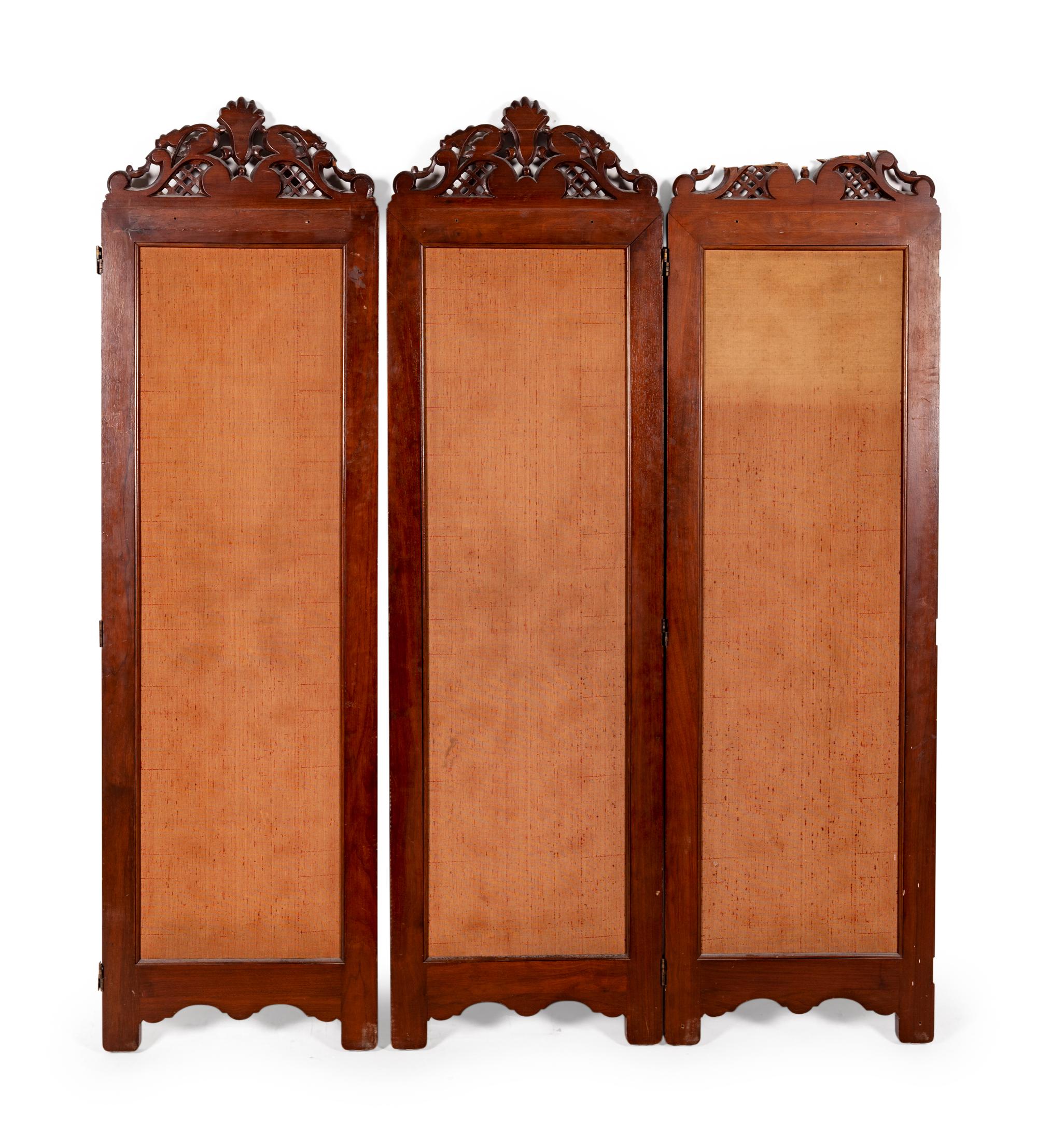 A Baroque Style Carved Walnut Three-Panel Floor Screen