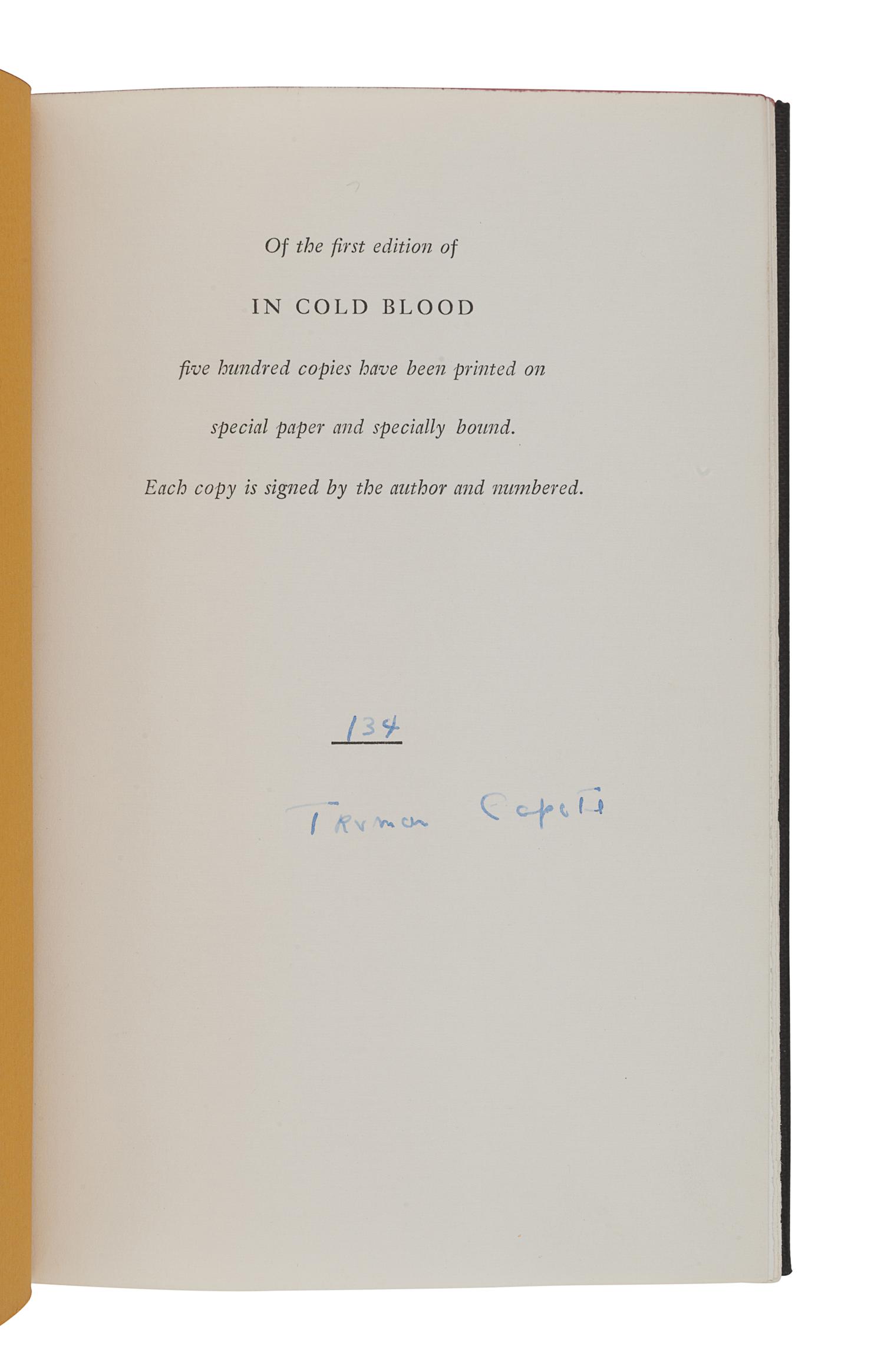 CAPOTE, Truman (1924-1984). In Cold Blood . New York: Random House, 1965.