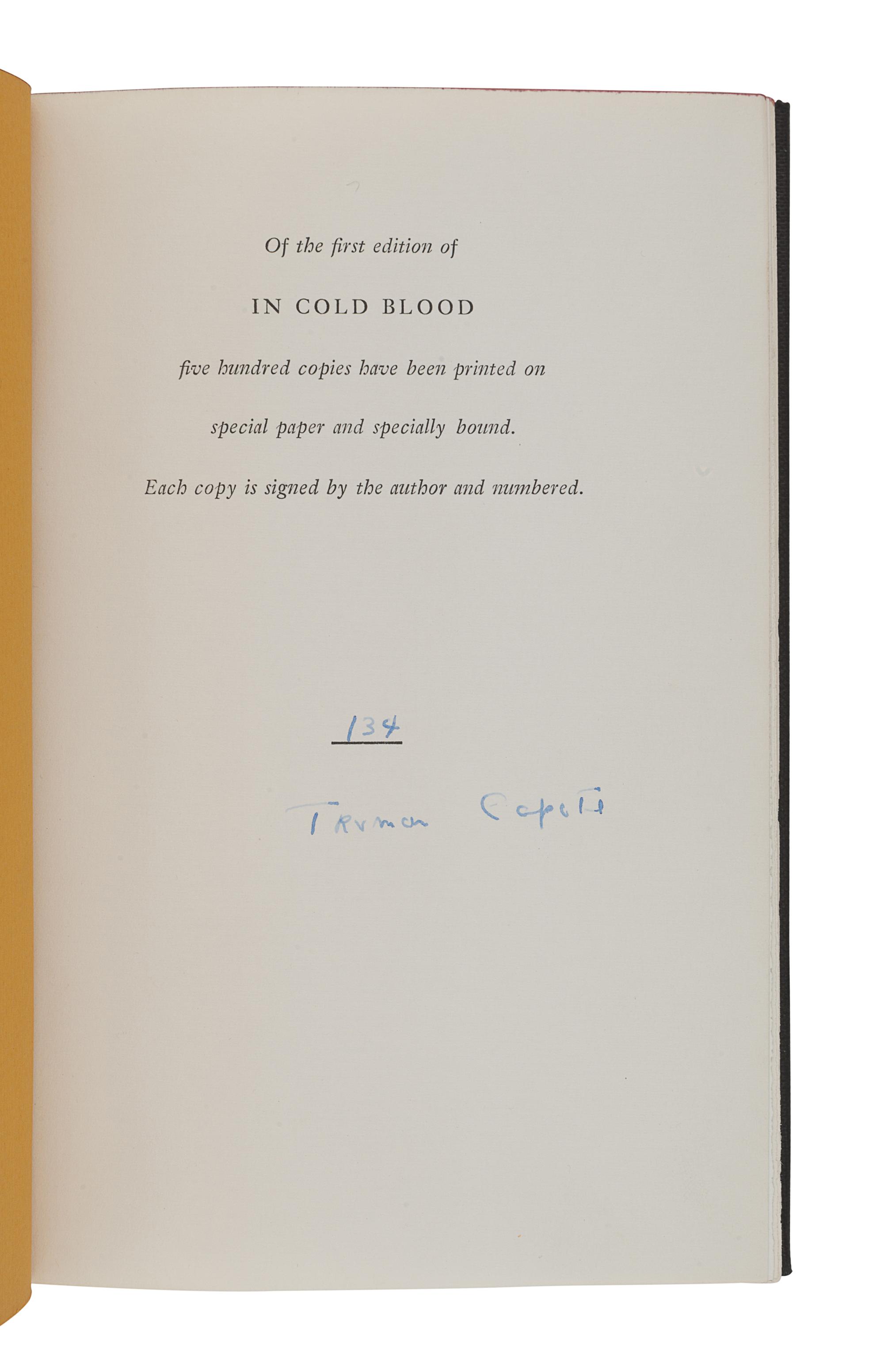 CAPOTE, Truman (1924-1984). In Cold Blood . New York: Random House, 1965.