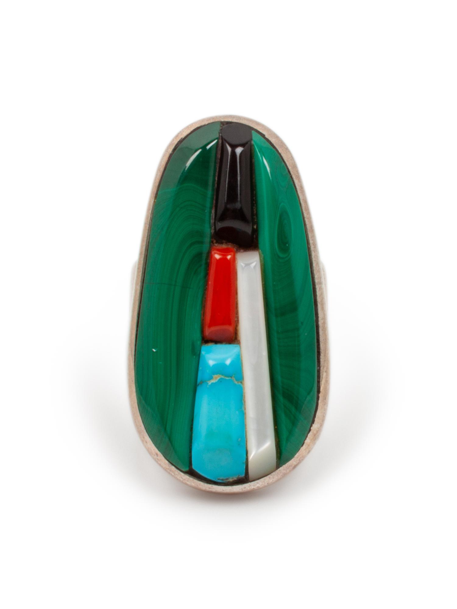 Silver Ring, with Malachite, Jet, Coral, Turquoise, and Shell Inlay