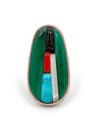 Silver Ring, with Malachite, Jet, Coral, Turquoise, and Shell Inlay