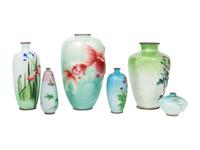 Six Japanese Green-Ground Ginbari Cloisonné Vases