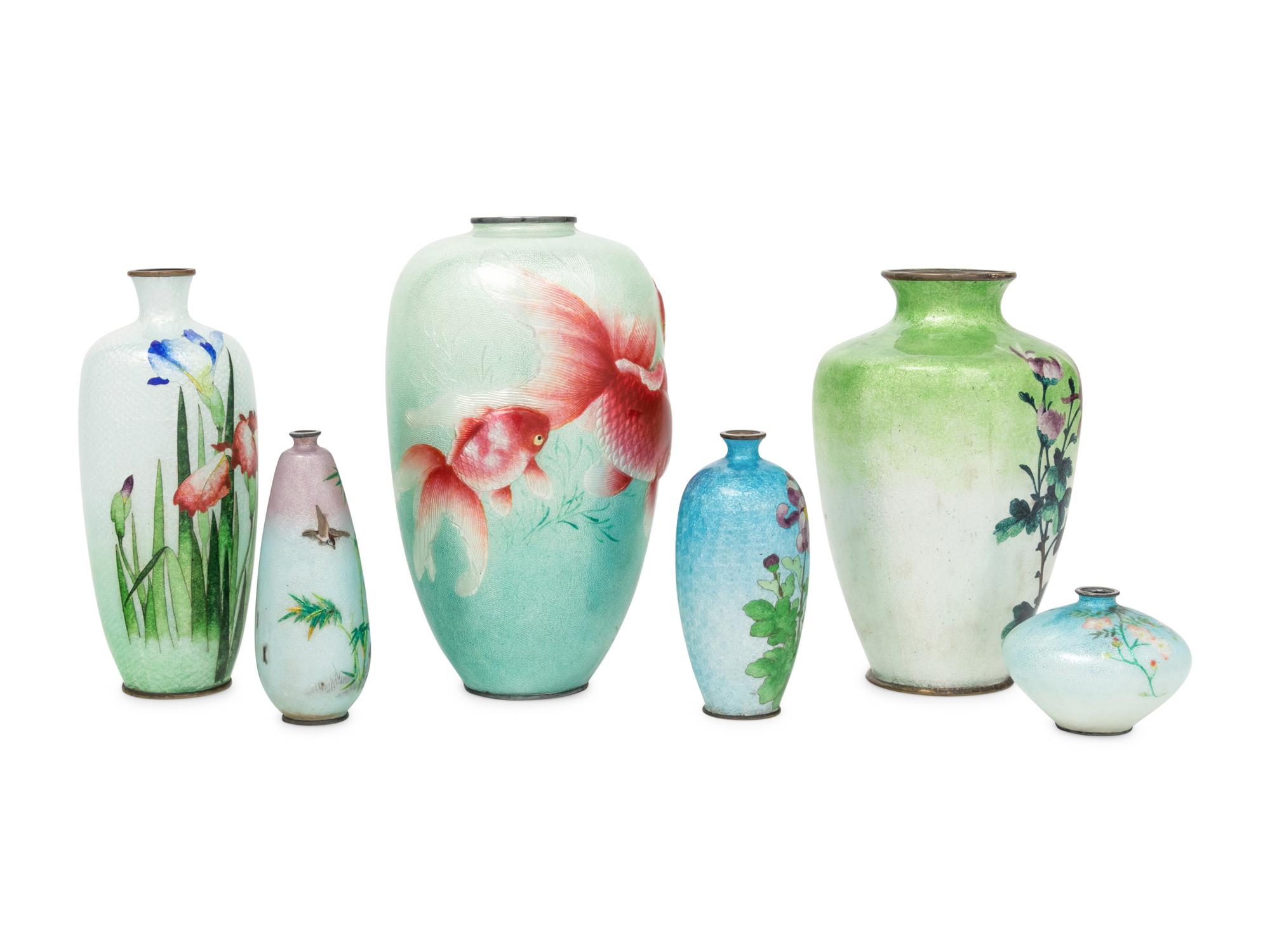 Six Japanese Green-Ground Ginbari Cloisonné Vases