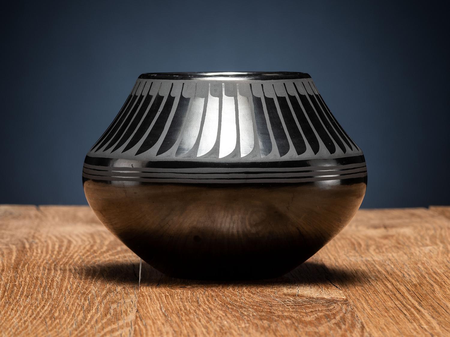 Blackware Pottery Jar, with Repeating Feather Design