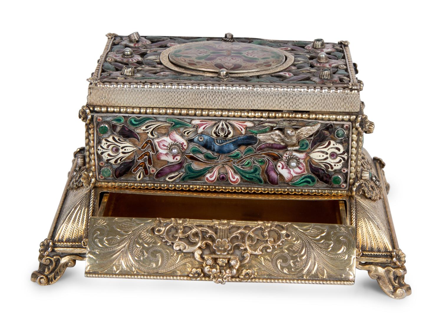 A Continental Enameled Silver Gilt Singing Bird Automaton Box — 19TH CENTURY