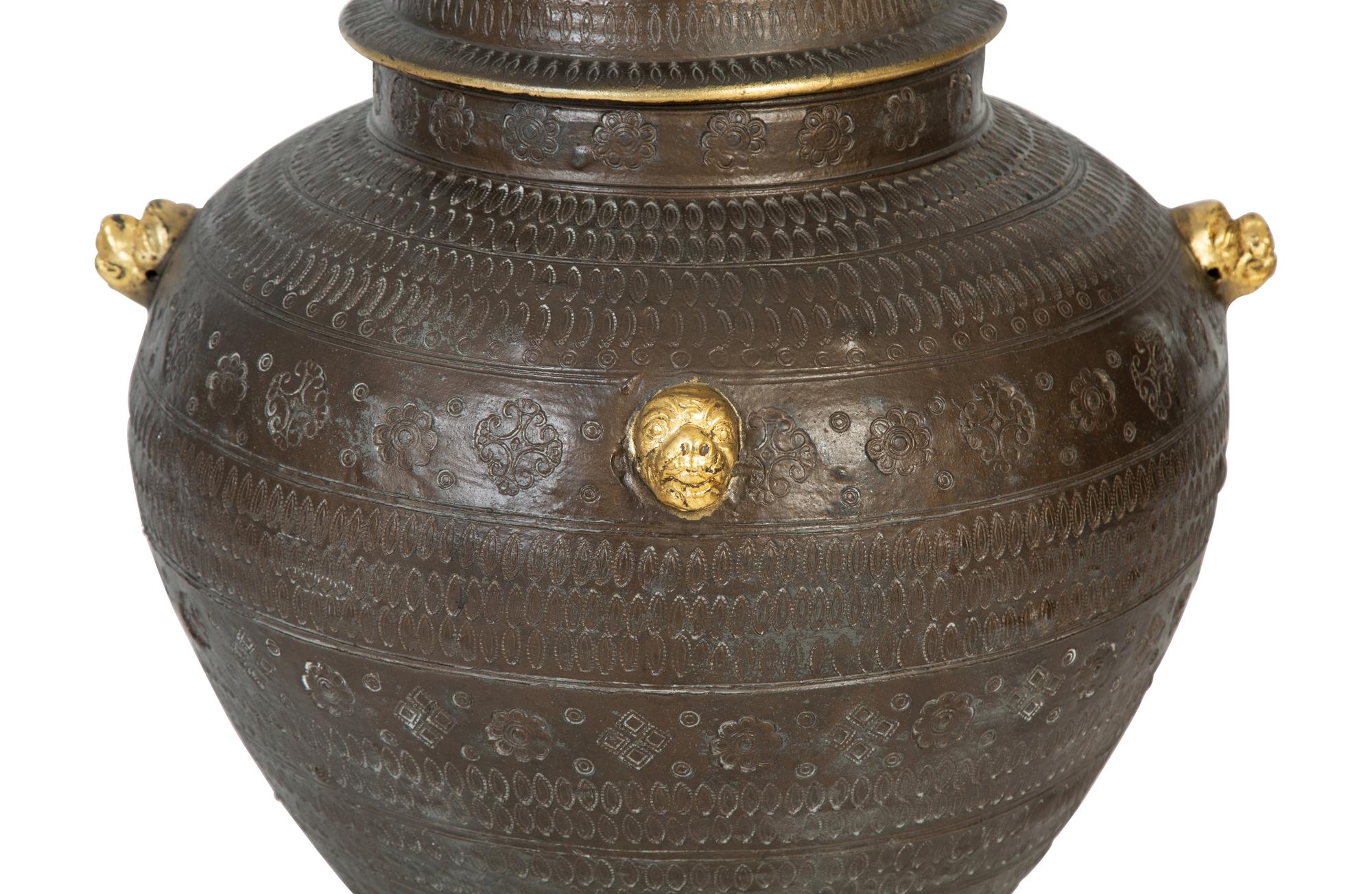 An Asian Brown Glazed Covered Jar with Gilt Accents — 20TH CENTURY