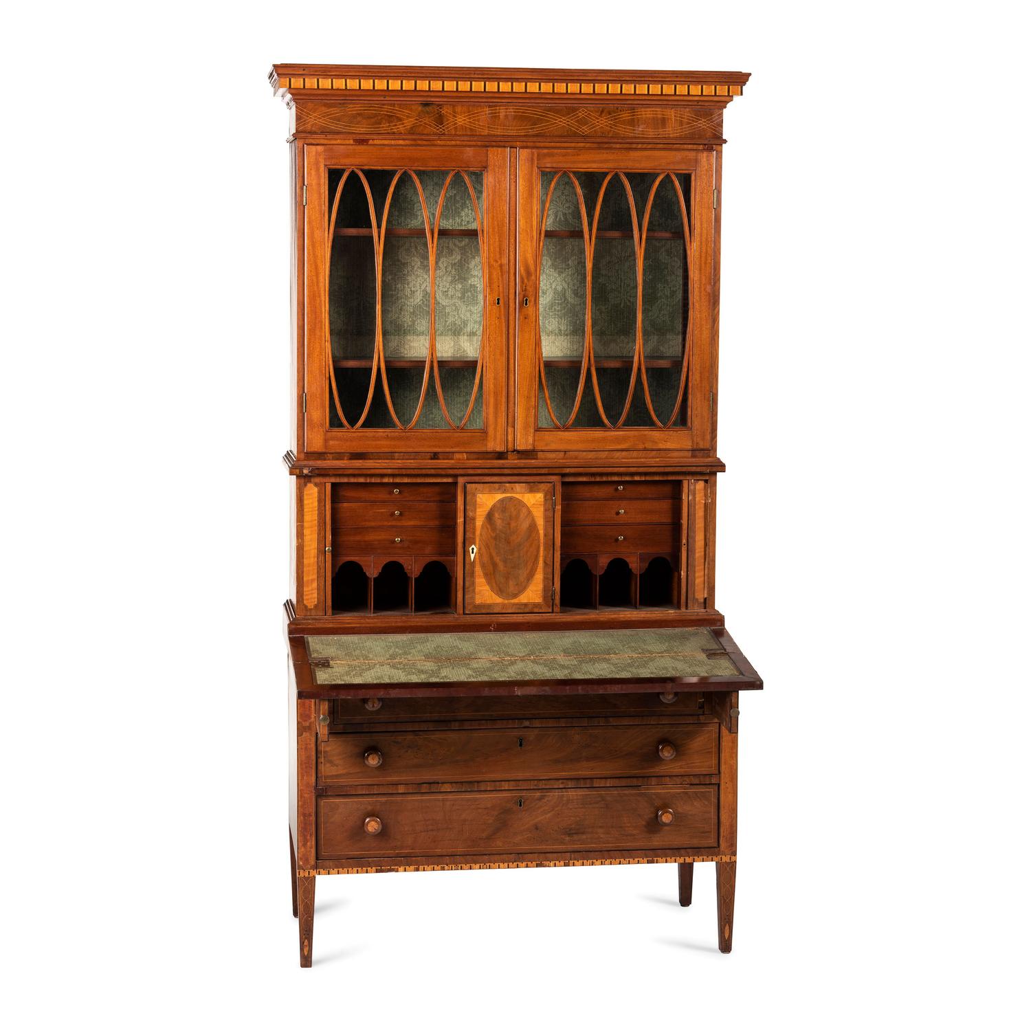 A Federal Inlaid Mahogany and Tambour-Front Desk-and-Bookcase