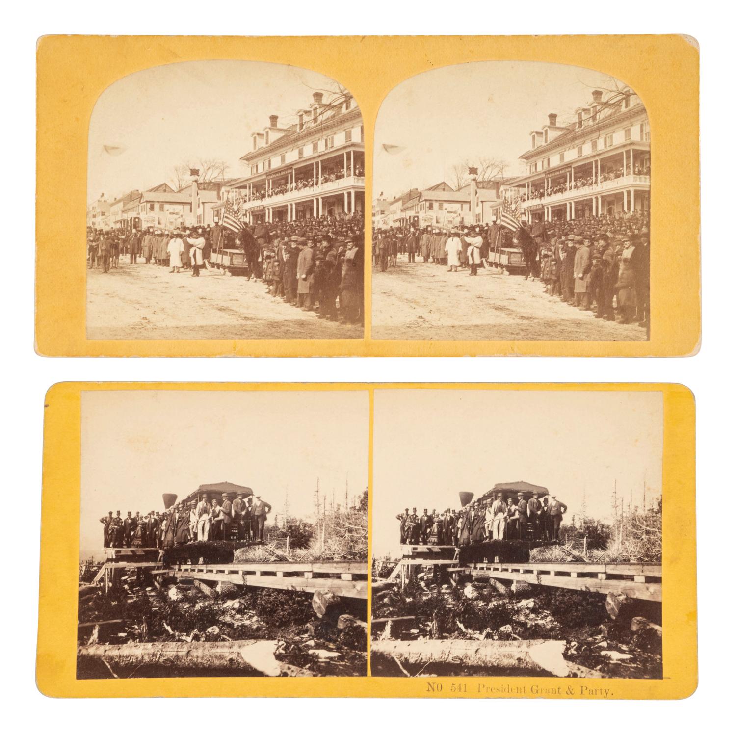 [GRANT, ULYSSES. S. (1822-1885)]. Pair of stereoviews ft. scenes related to the 1868 election.