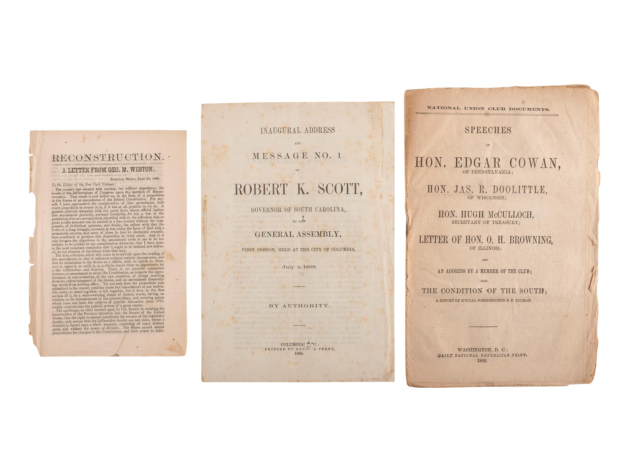 [RECONSTRUCTION]. A group of 27 pamphlets related to politics, finance, and policy in the post-war South, especially Louisiana, comprising: