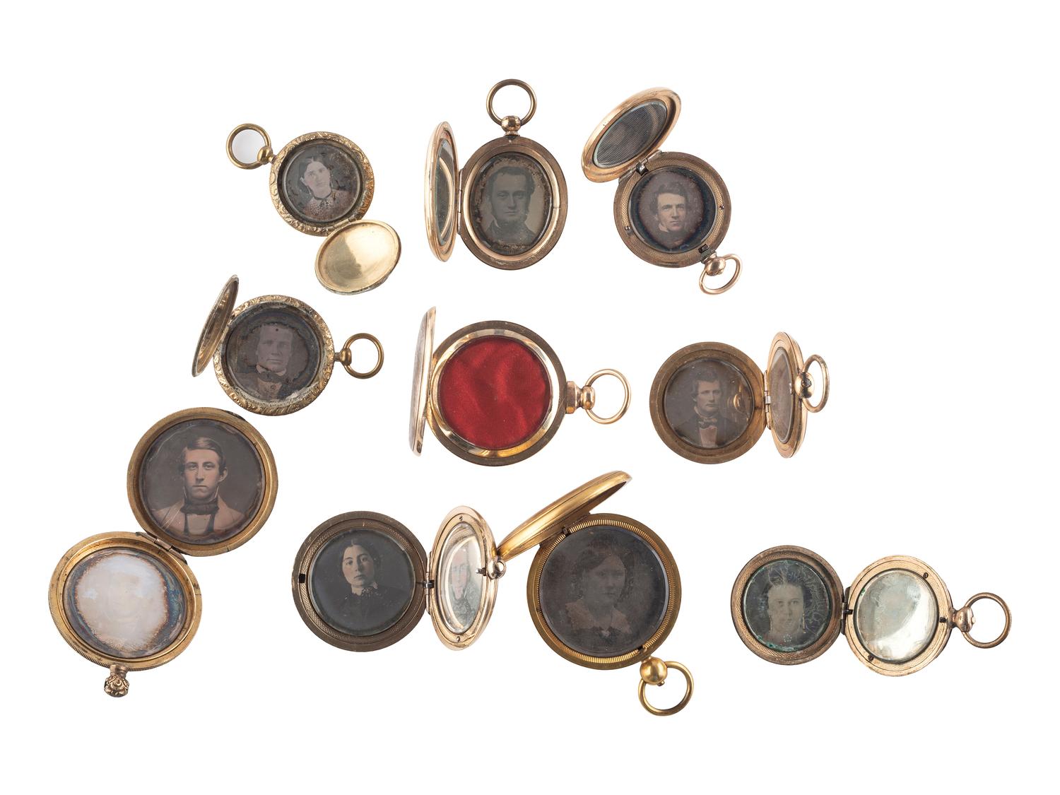 [EARLY PHOTOGRAPHY]. A group of 10 lockets containing 14 daguerreotypes of children and young men and women.